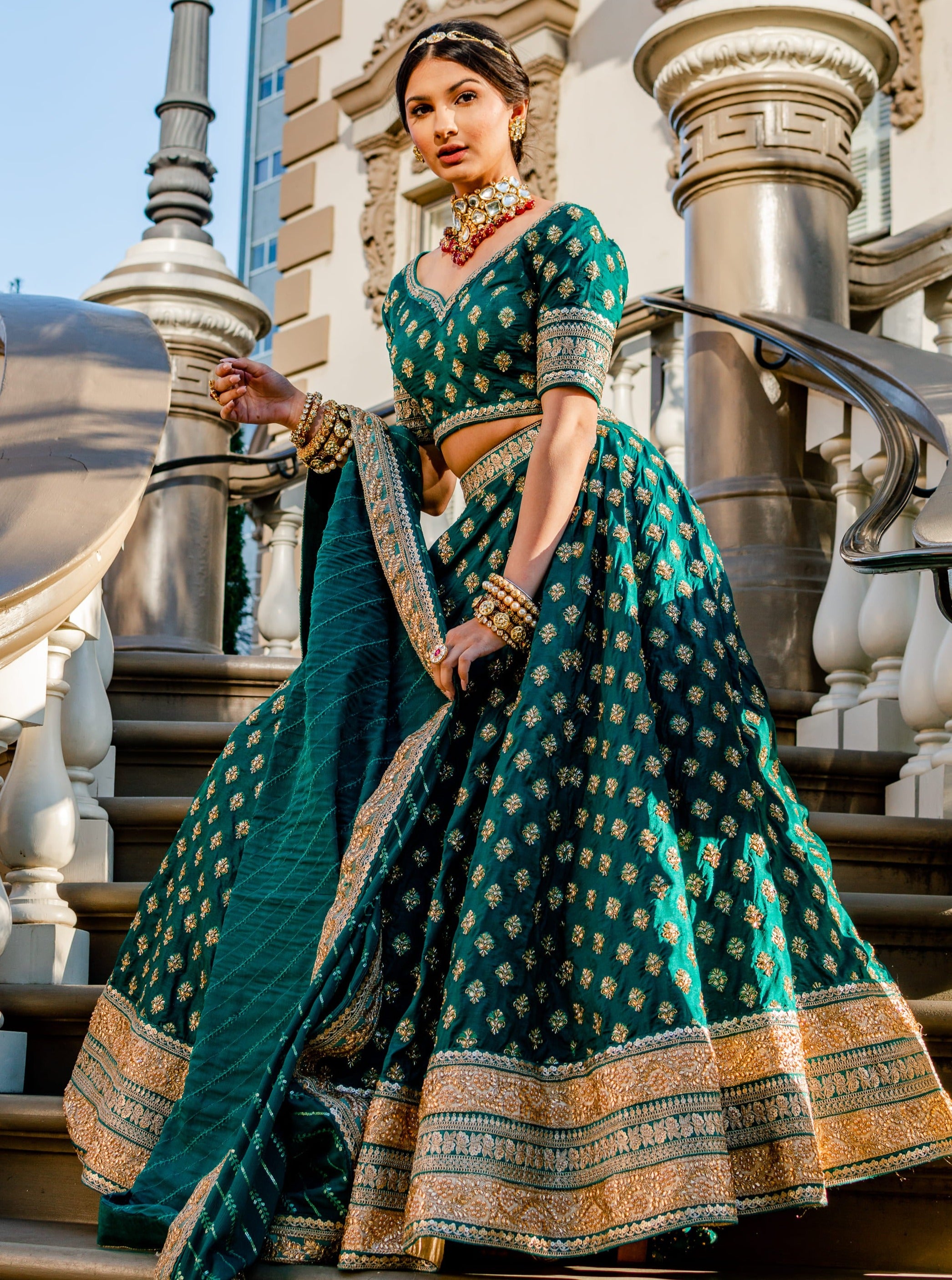 Banarasi Brocade green lehenga choli for desi brides
