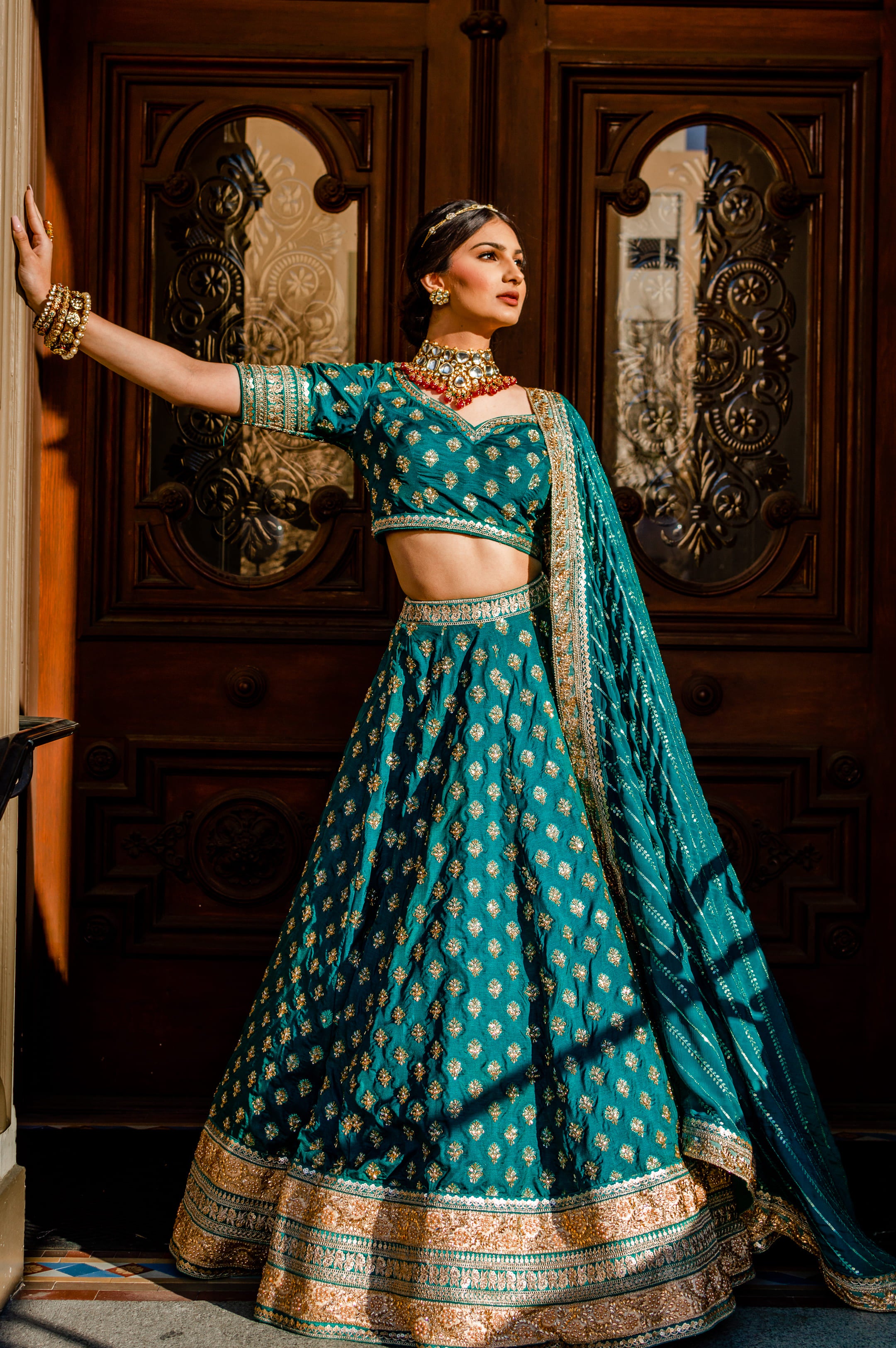 Teal green bridal lehenga choli