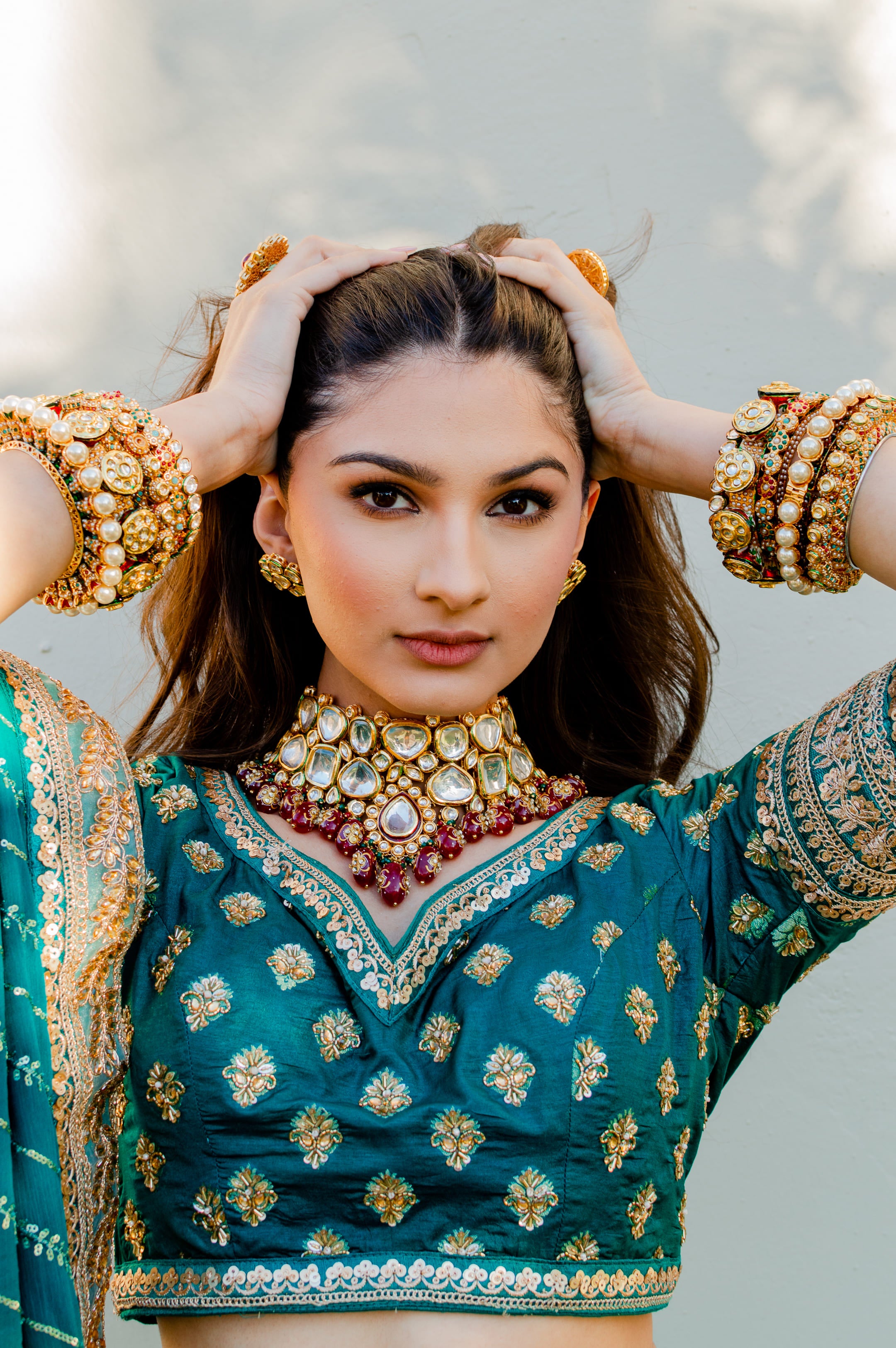 Green lehenga choli with golden sequin and dabka embroidery