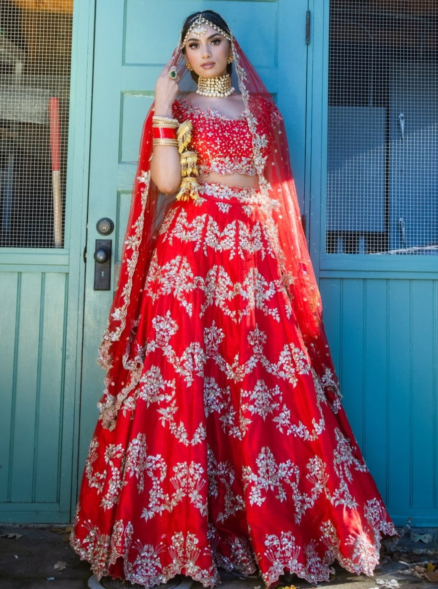 Designer Red Bridal Lehenga Choli In Raw Silk