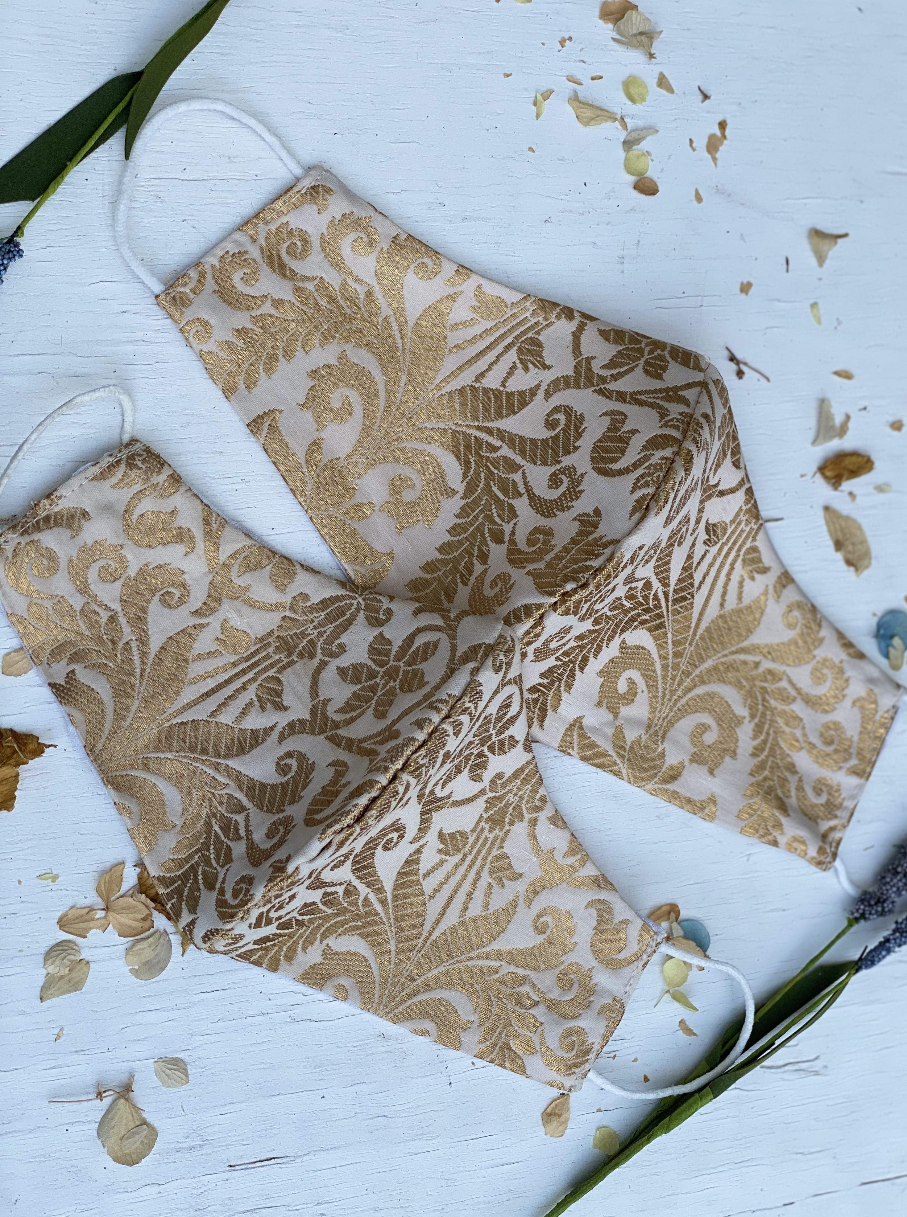 Pack of 2 Silk Fabric Face Masks for Couple - Gold and Beige