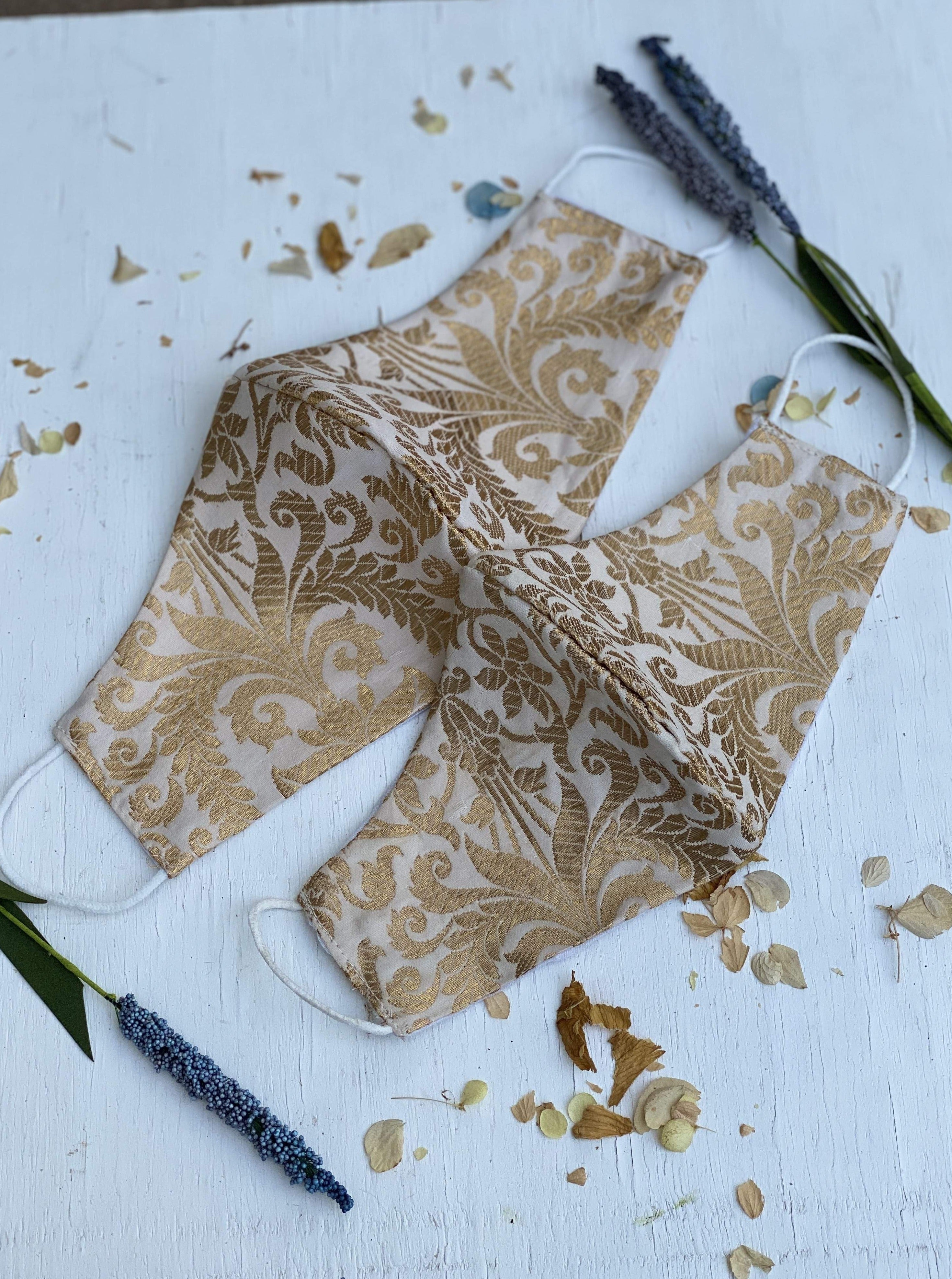 Pack of 2 Silk Fabric Face Masks for Couple - Gold and Beige