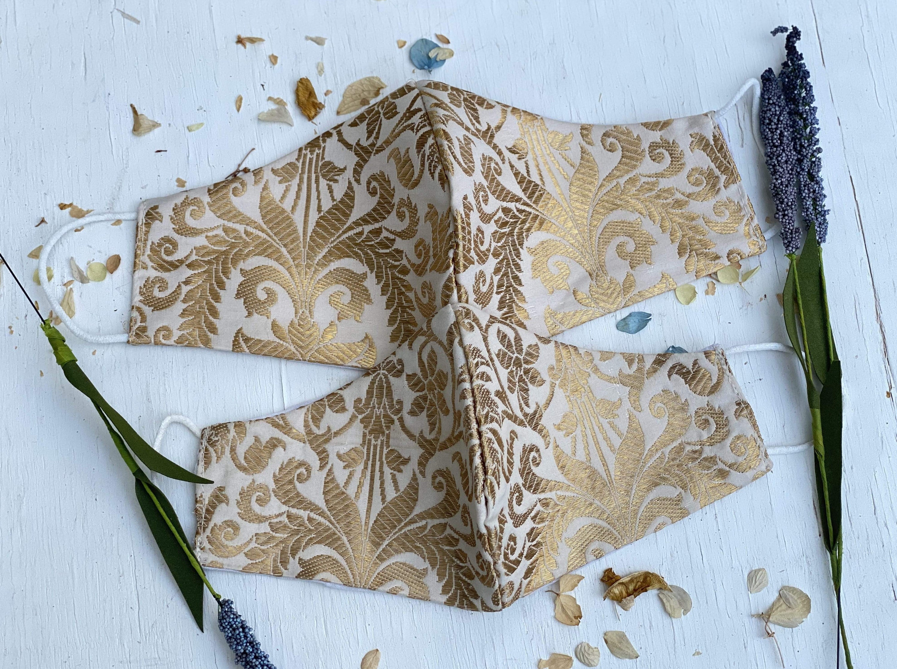 Pack of 2 Silk Fabric Face Masks for Couple - Gold and Beige