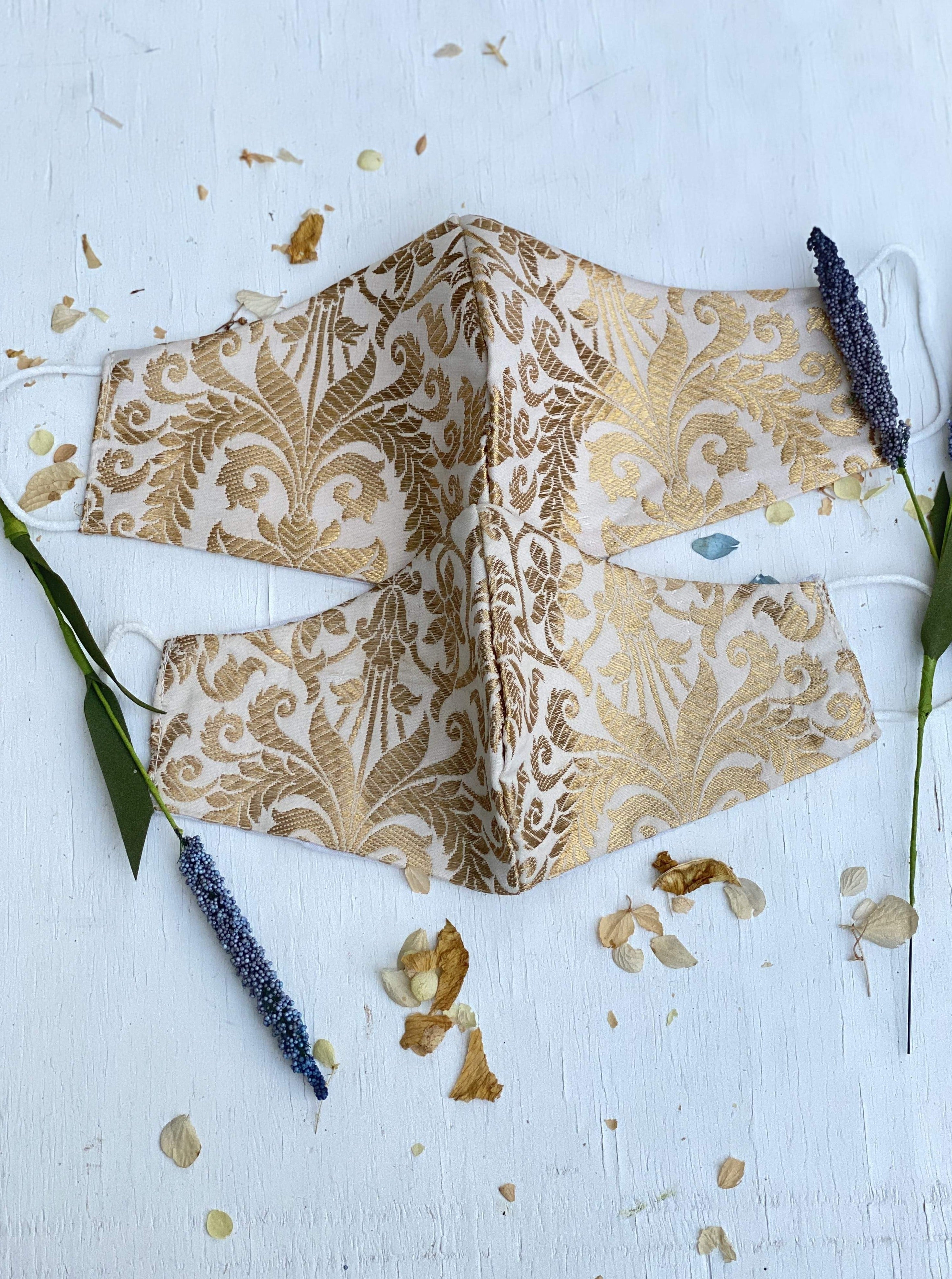 Pack of 2 Silk Fabric Face Masks for Couple - Gold and Beige