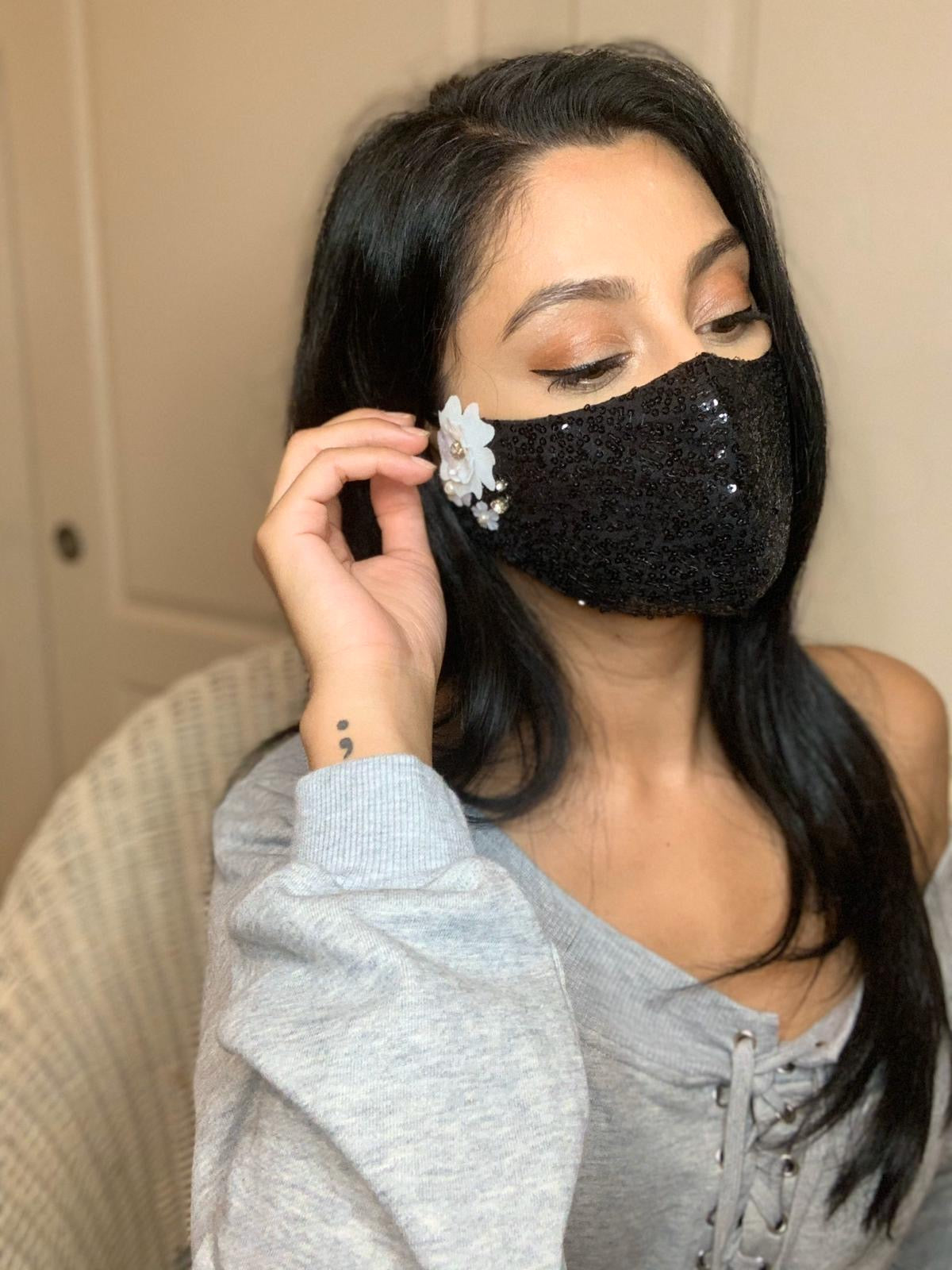 Sequin Face Mask w/White Applique Work - bAnuDesigns