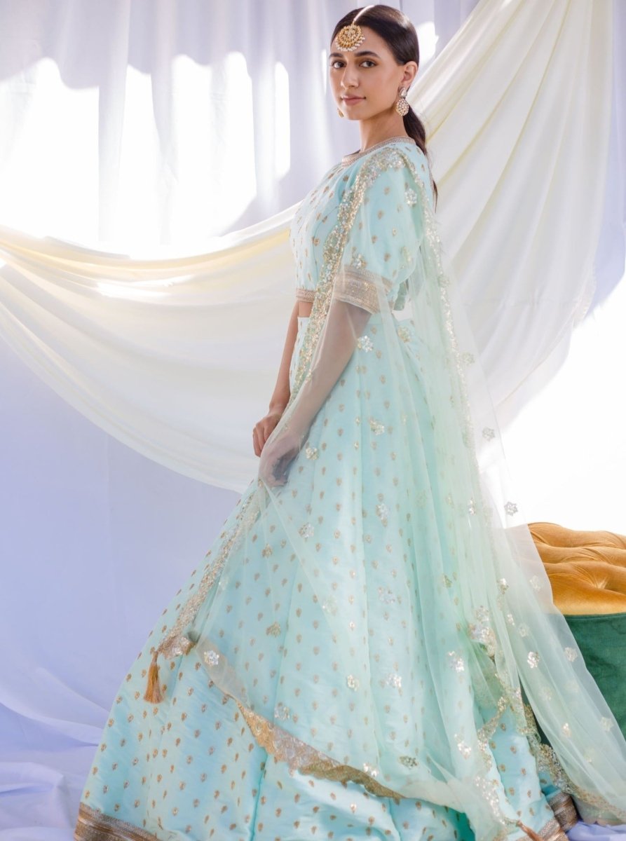 Pastel Blue Lehenga: Raw silk monochrome zardosi work lengha Banu Designs Pastel Blue Lehenga: Raw silk monochrome zardosi work lengha Banu Designs