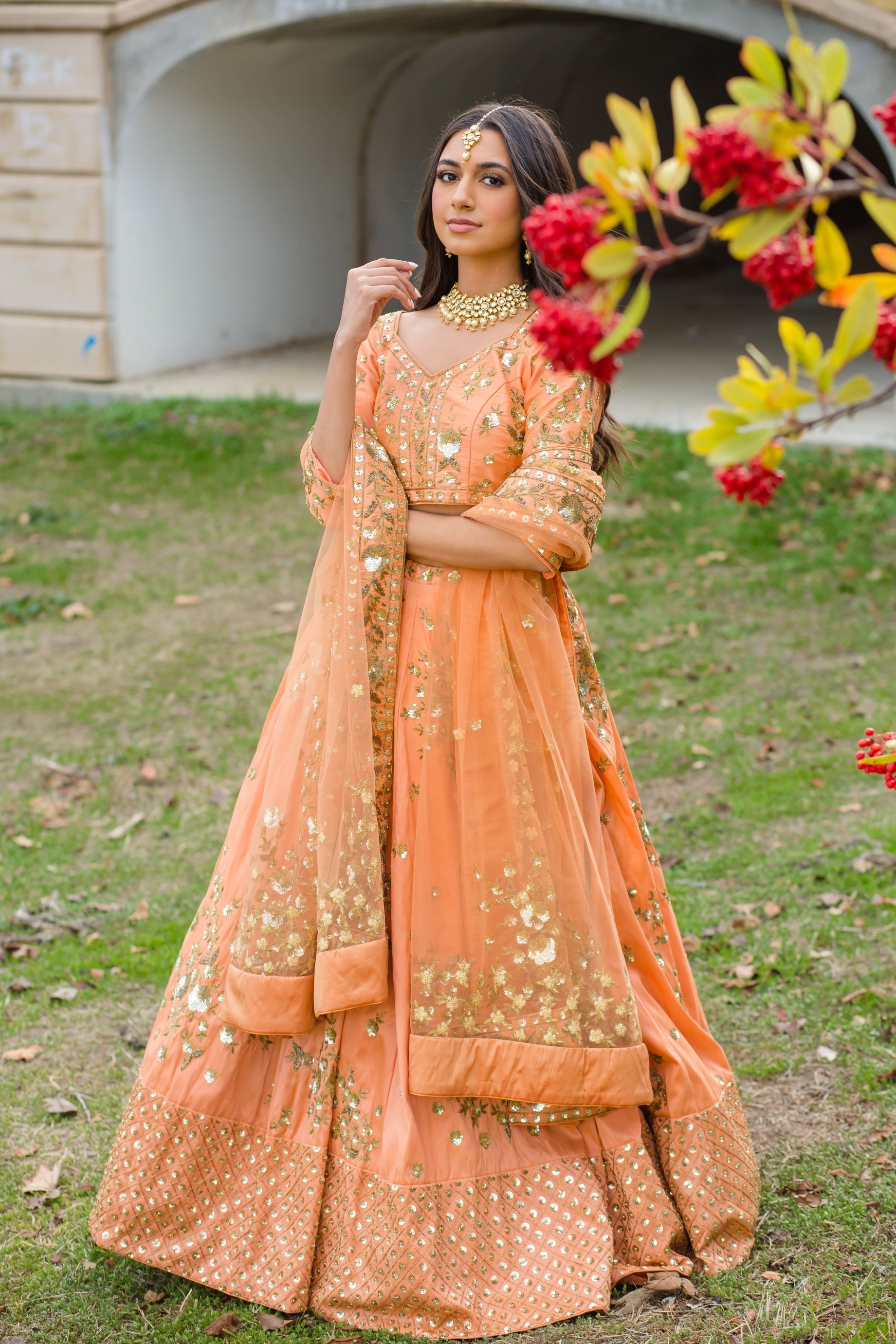 Peach Bridal Lehenga choli with Dabka & Sequins embroidery
