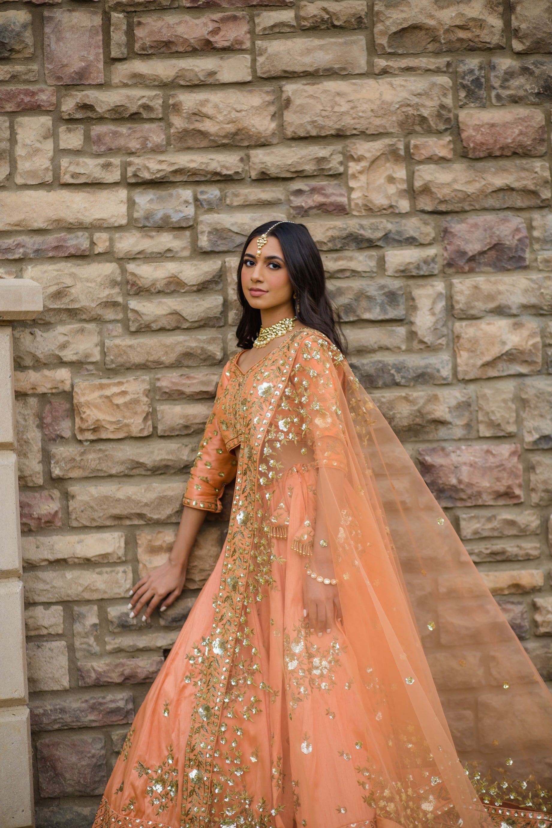 Peach Bridal Lehenga choli with Dabka & Sequins embroidery