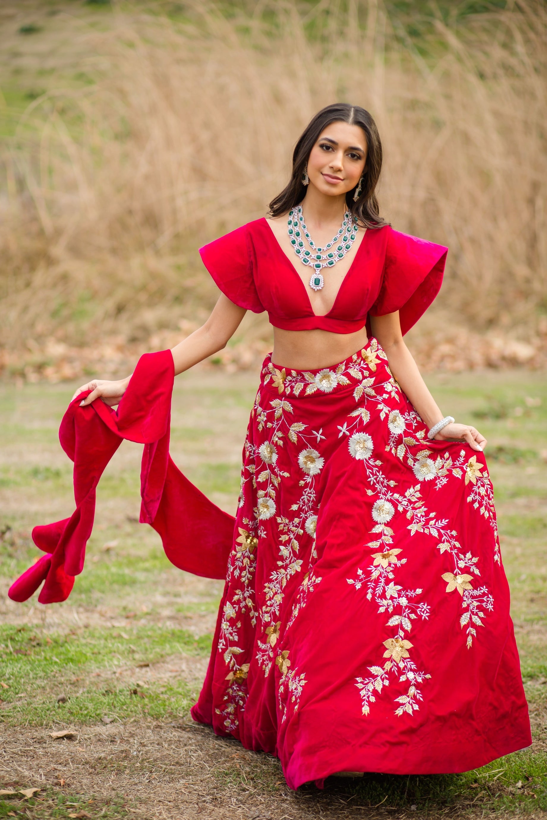 Hot pink Velvet Embroidered Lehenga choli with attached frill dupatta