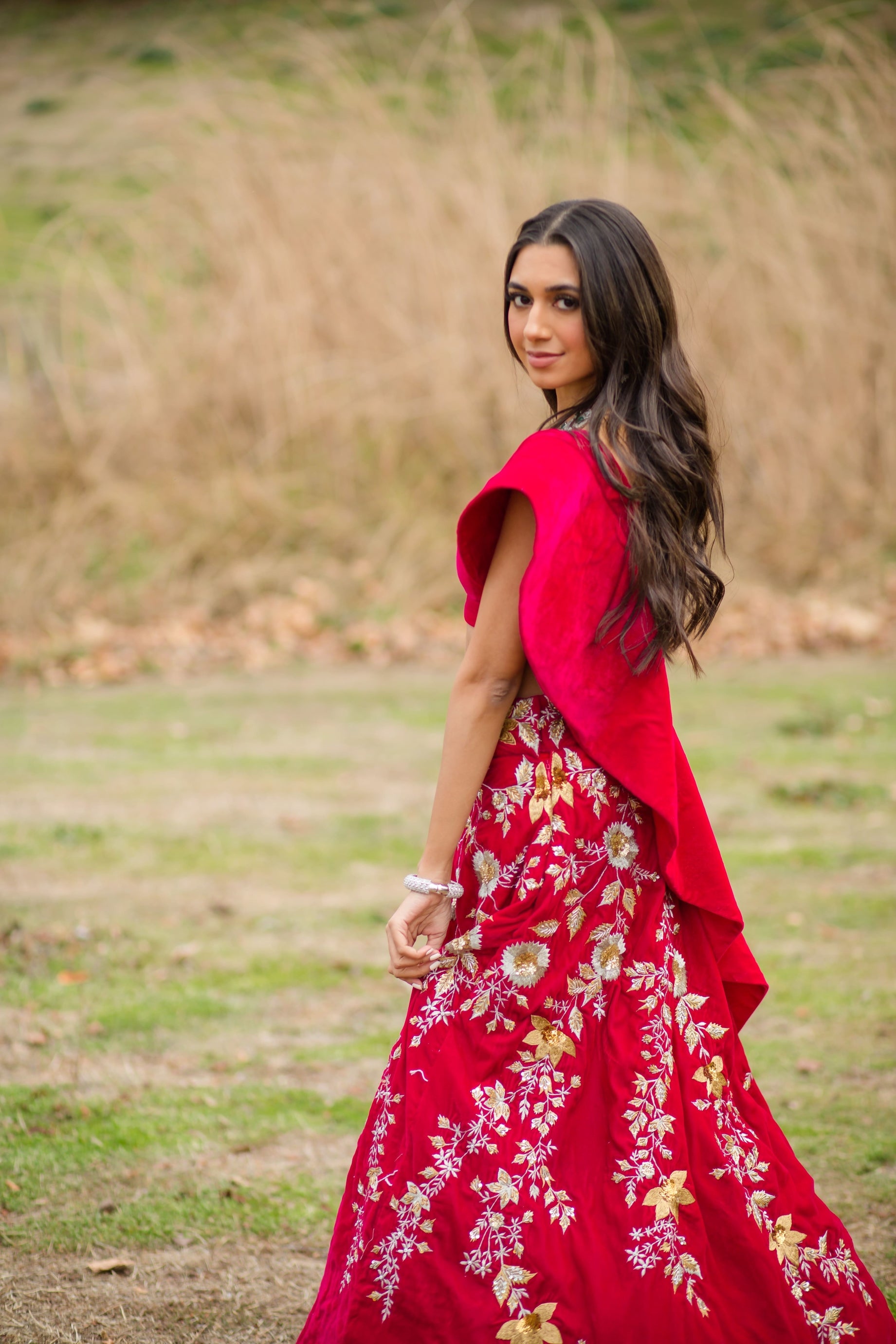Hot pink Velvet Embroidered Lehenga choli with attached frill dupatta