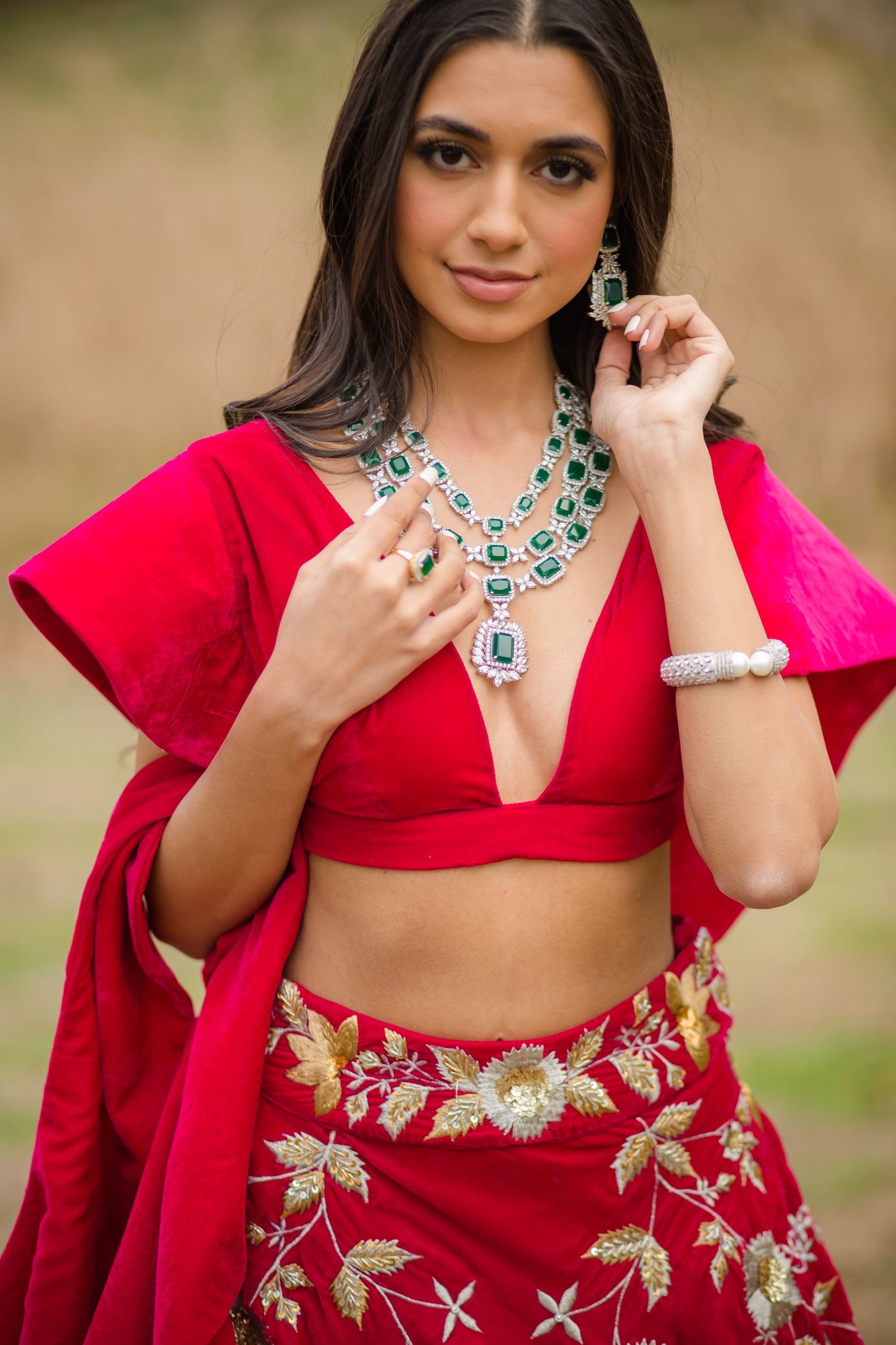 Hot pink Velvet Embroidered Lehenga choli with attached frill dupatta