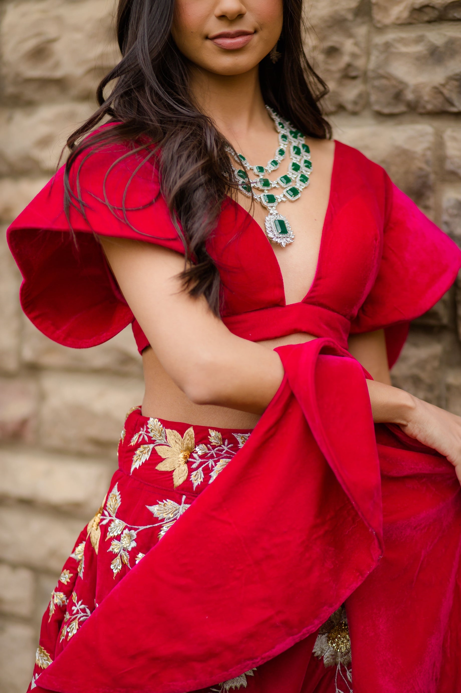Hot pink Velvet Embroidered Lehenga choli with attached frill dupatta