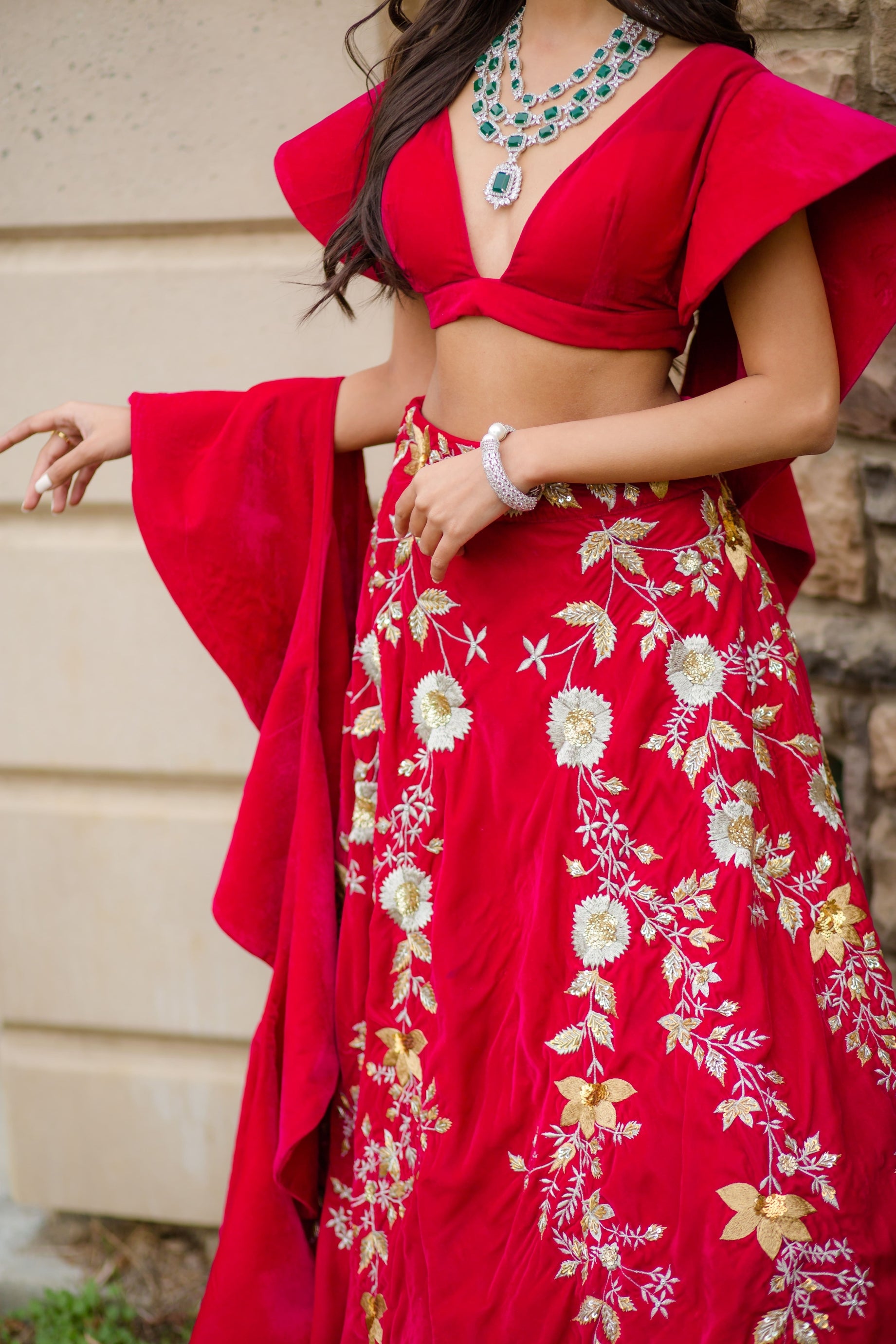 Hot pink Velvet Embroidered Lehenga choli with attached frill dupatta