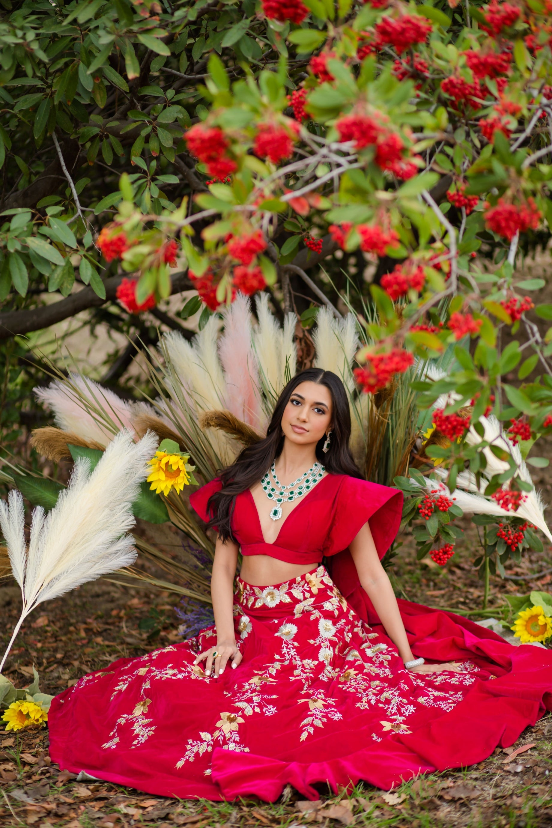 Hot pink Velvet Embroidered Lehenga choli with attached frill dupatta