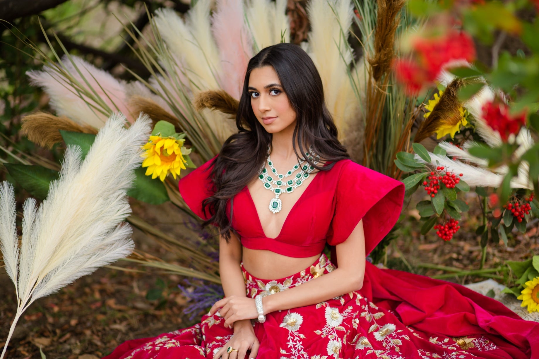 Hot pink Velvet Embroidered Lehenga choli with attached frill dupatta