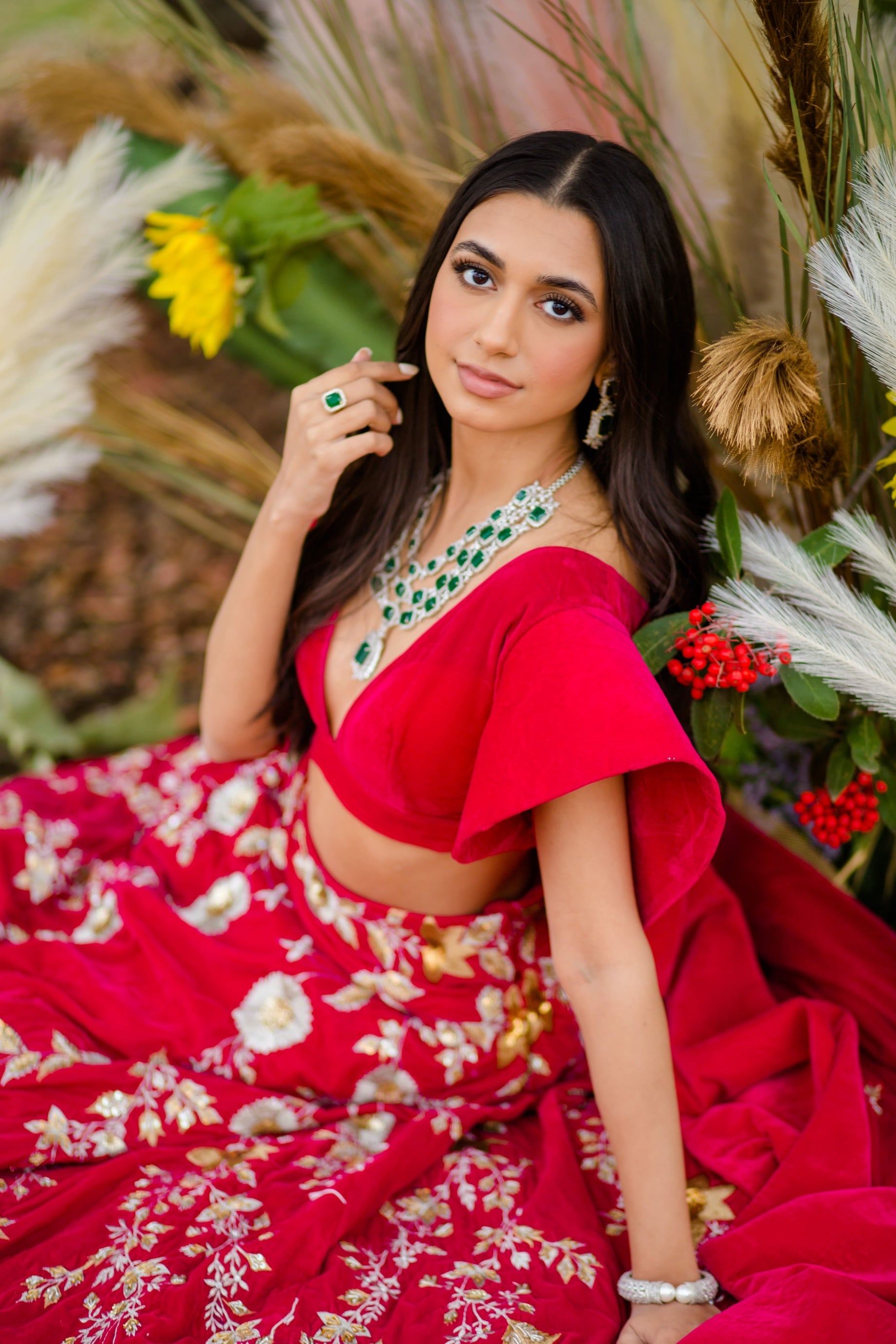 Hot pink Velvet Embroidered Lehenga choli with attached frill dupatta