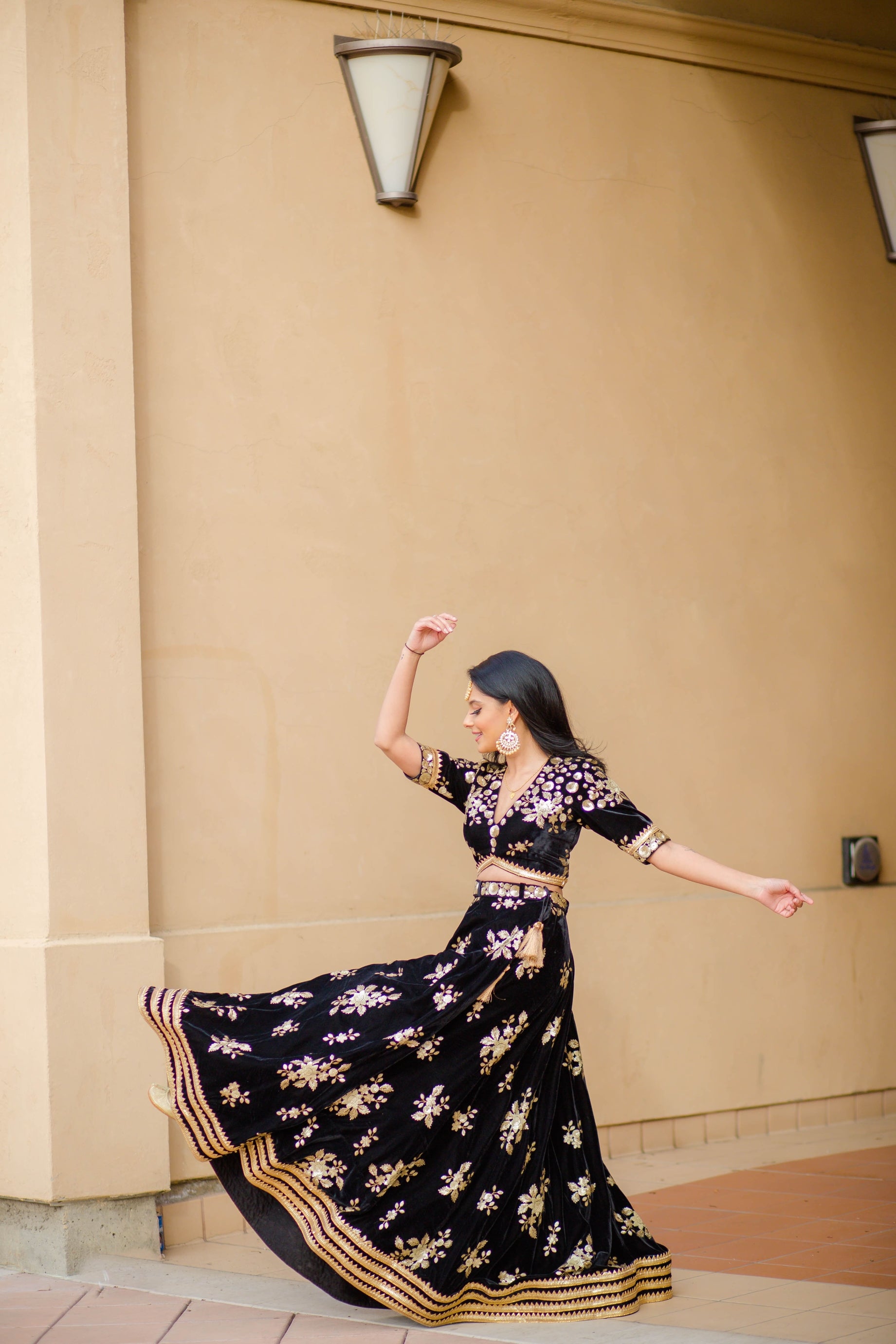 Black Velvet Lehenga with choli blouse & gold Sequins embroidery