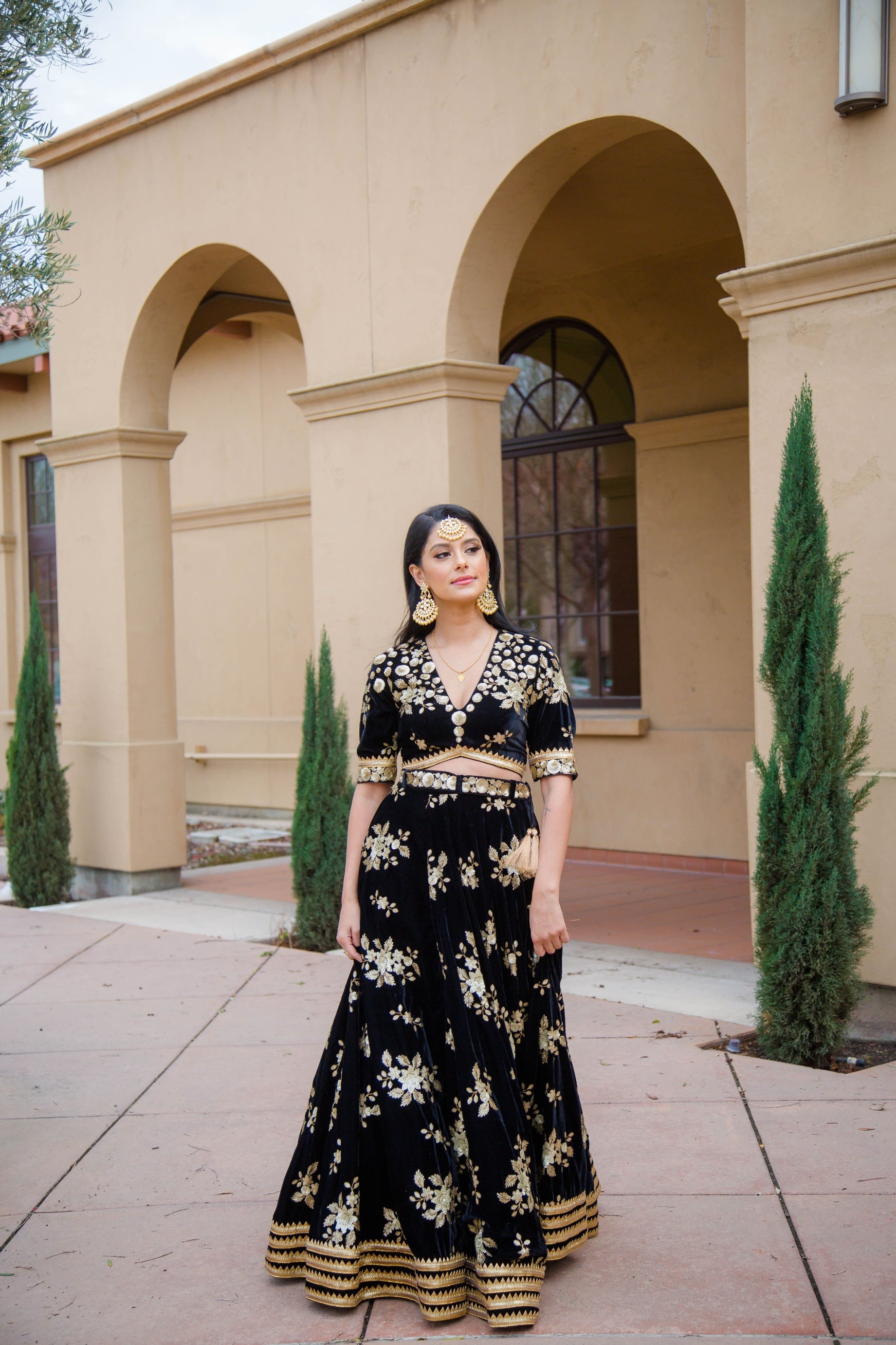 Black Velvet Lehenga with choli blouse & gold Sequins embroidery