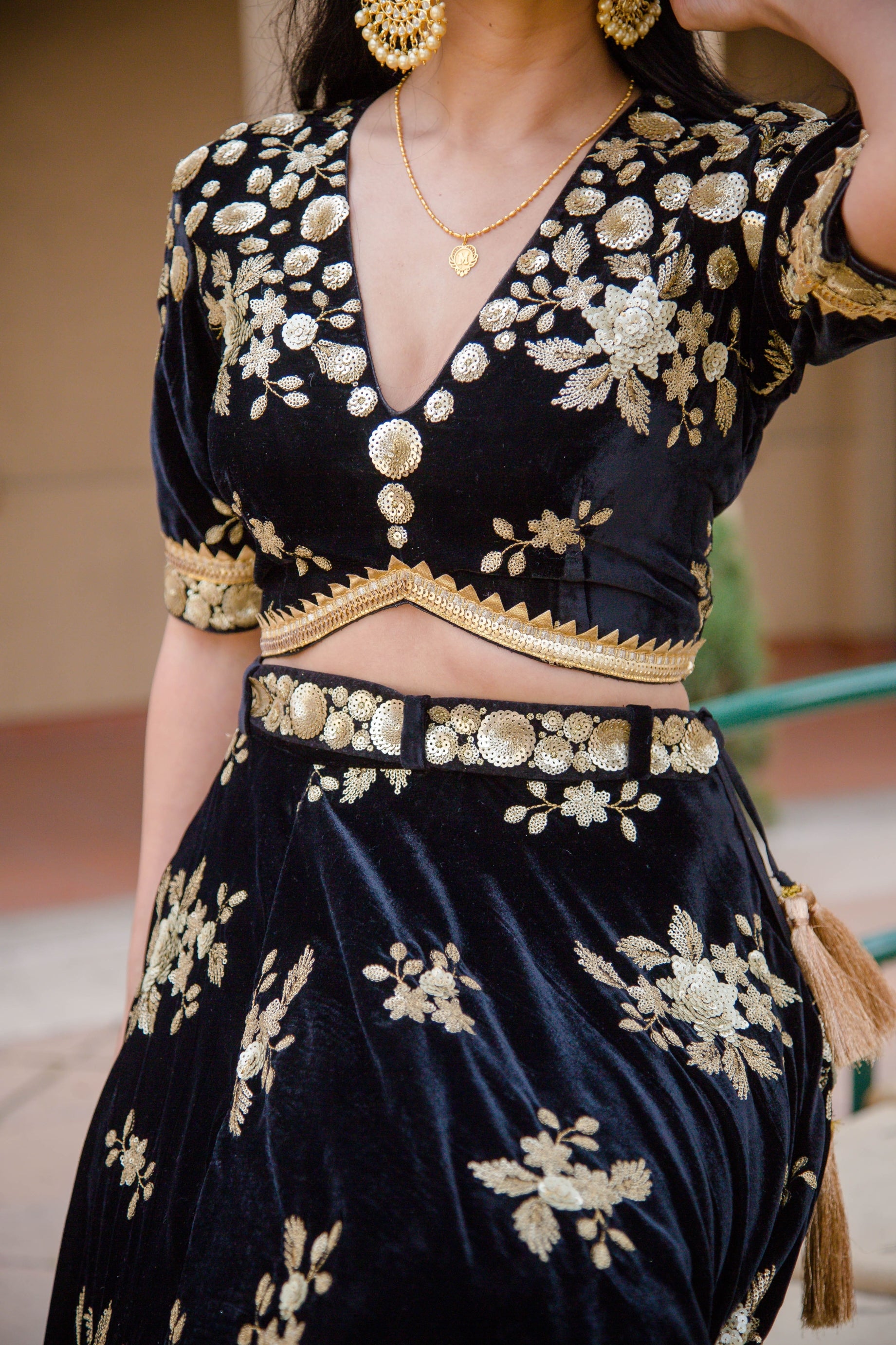Black Velvet Lehenga with choli blouse & gold Sequins embroidery
