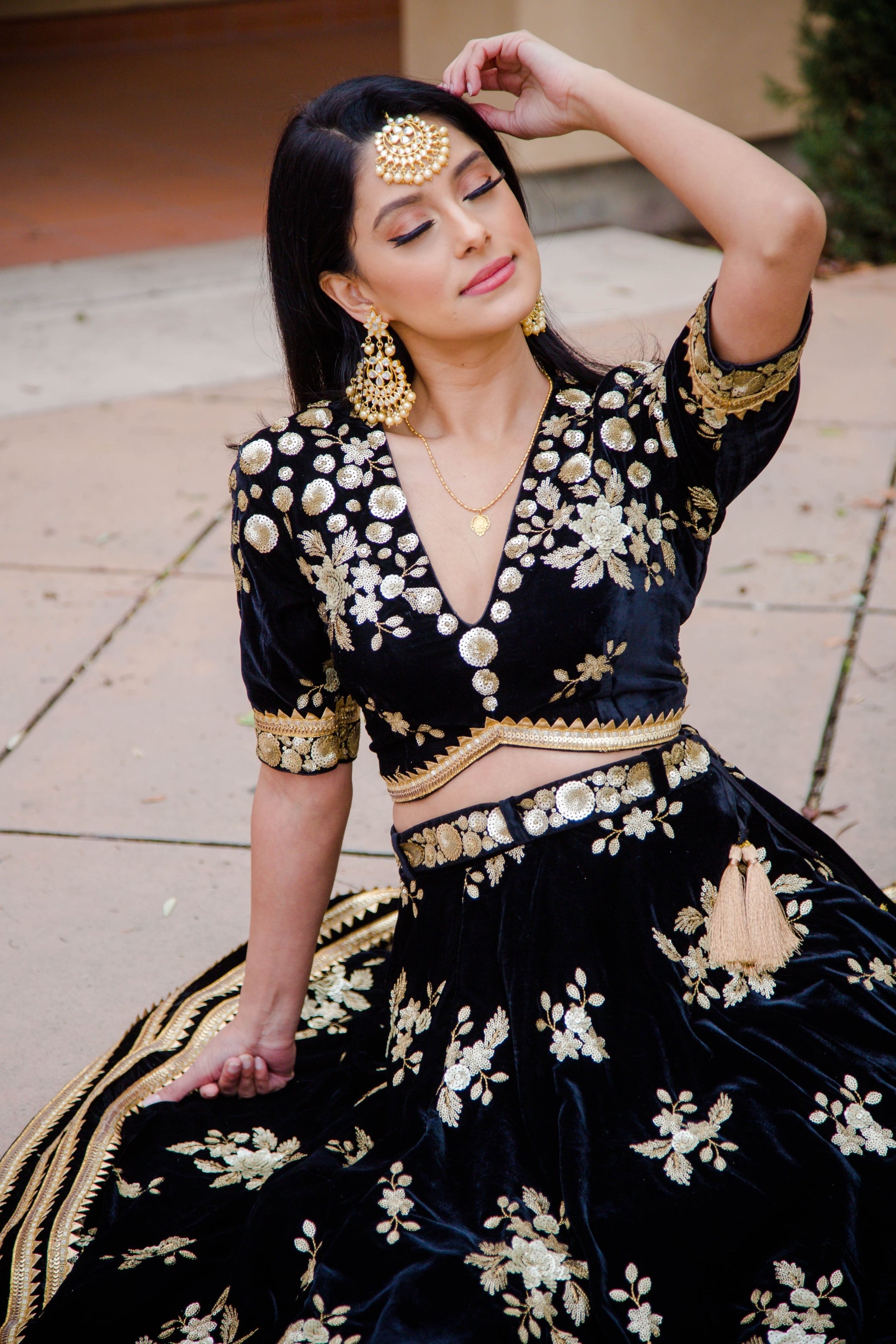 Black Velvet Lehenga with choli blouse & gold Sequins embroidery