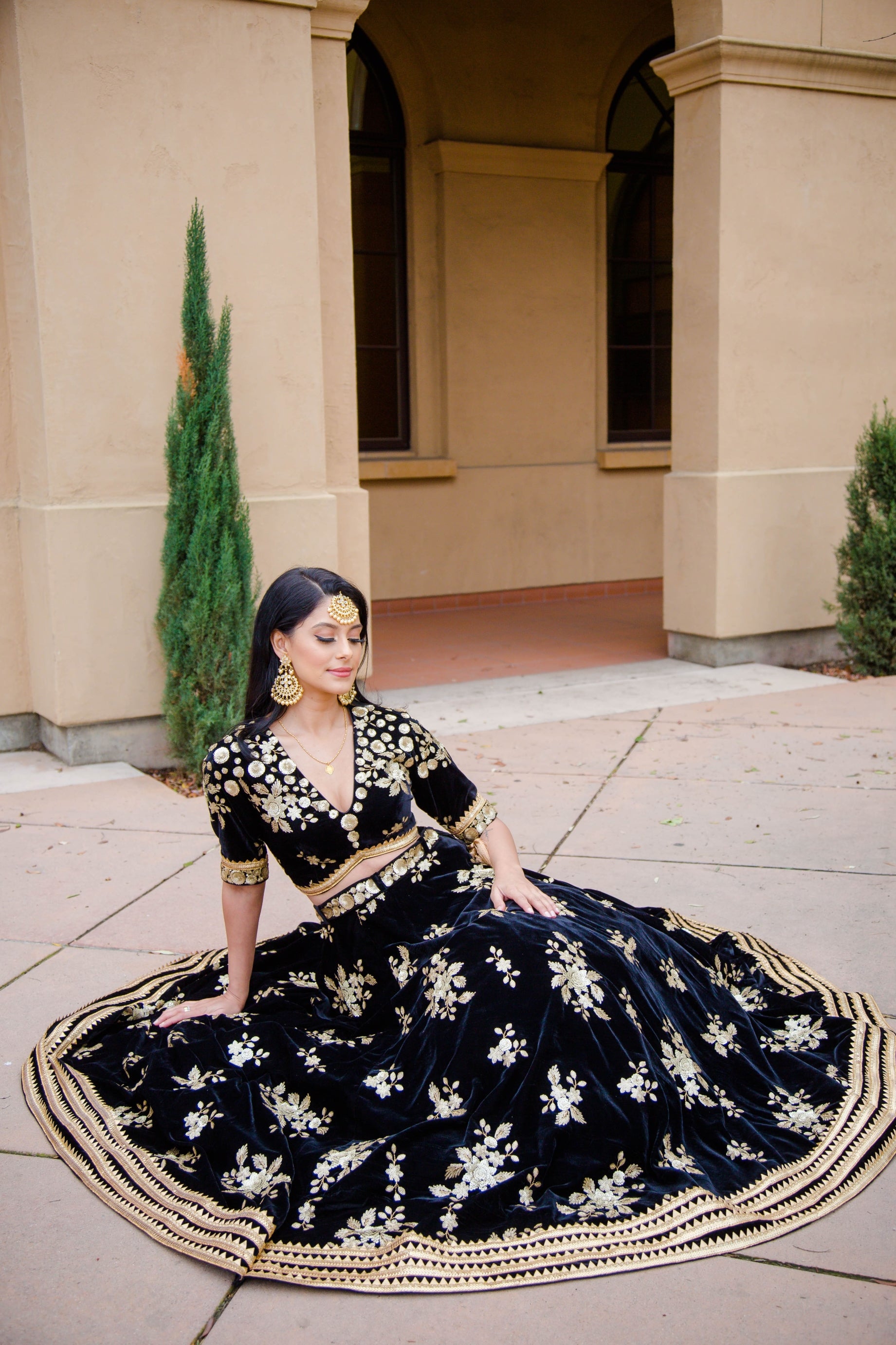 Black Velvet Lehenga with choli blouse & gold Sequins embroidery