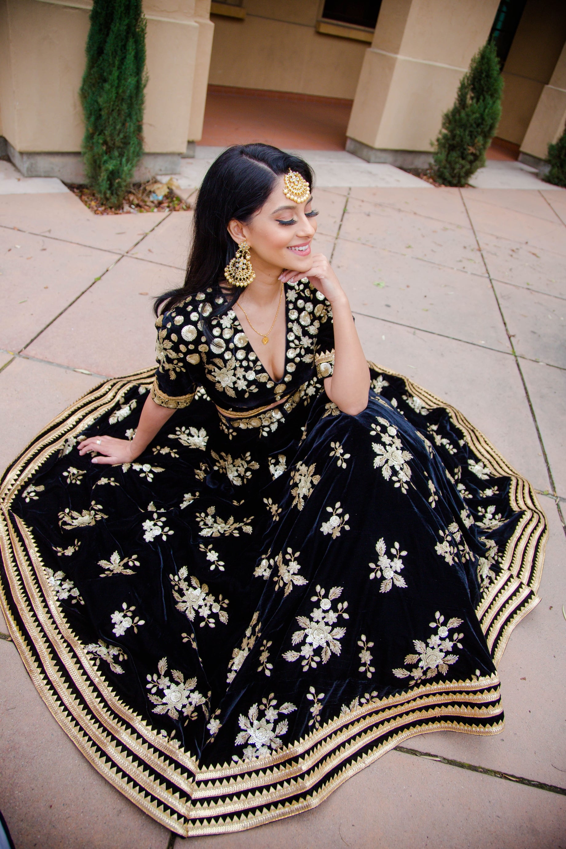 Black Velvet Lehenga with choli blouse & gold Sequins embroidery