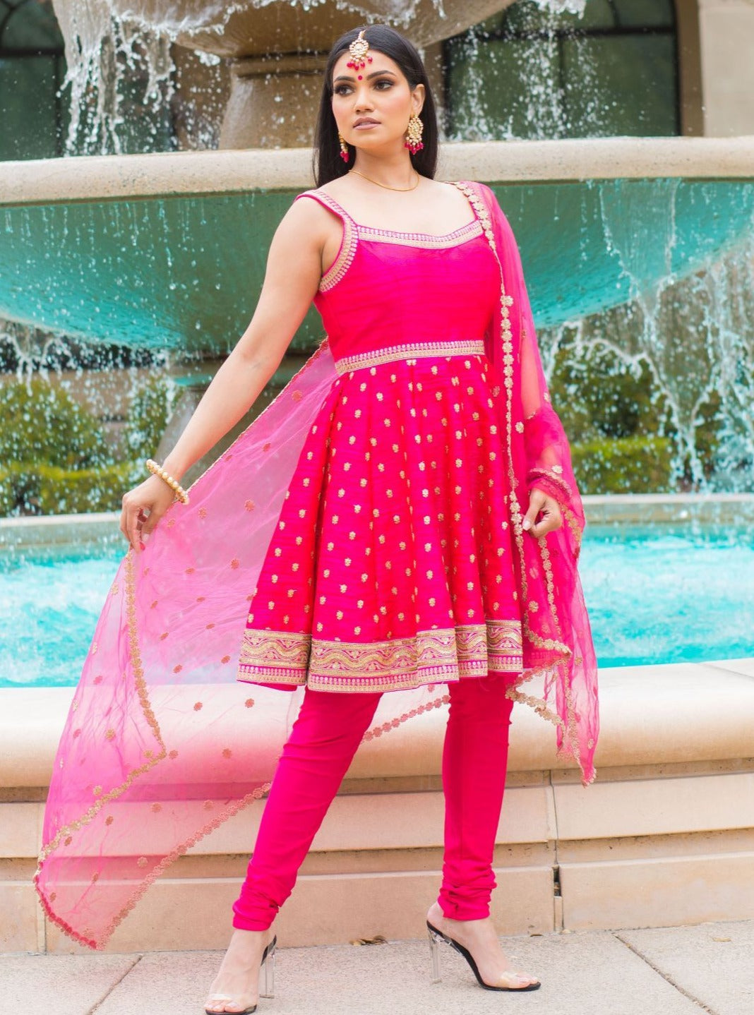 Short Anarkali Dress: Knee-length pink suit with Free Matching Mask Banu Designs Short Anarkali Dress: Knee-length pink suit with Free Matching Mask Banu Designs