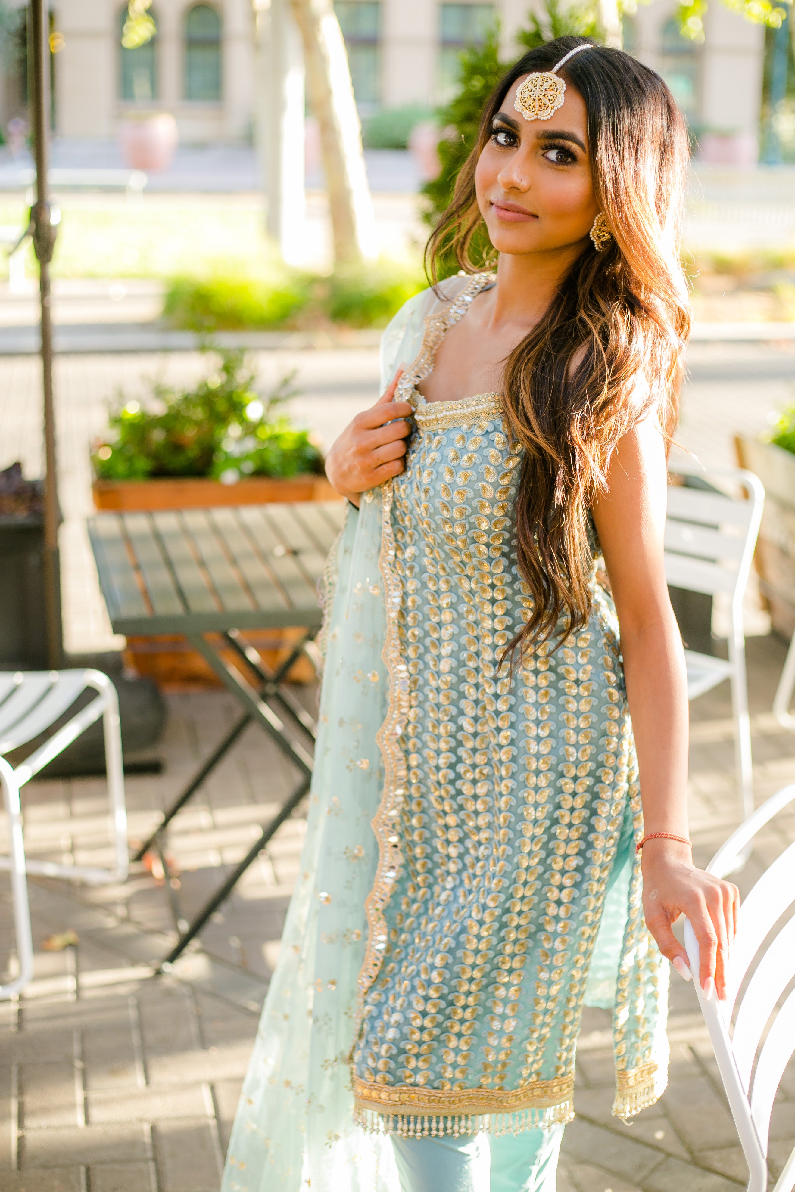 Sky Blue Spaghetti Strap Kurti in Zari Work with Churidar