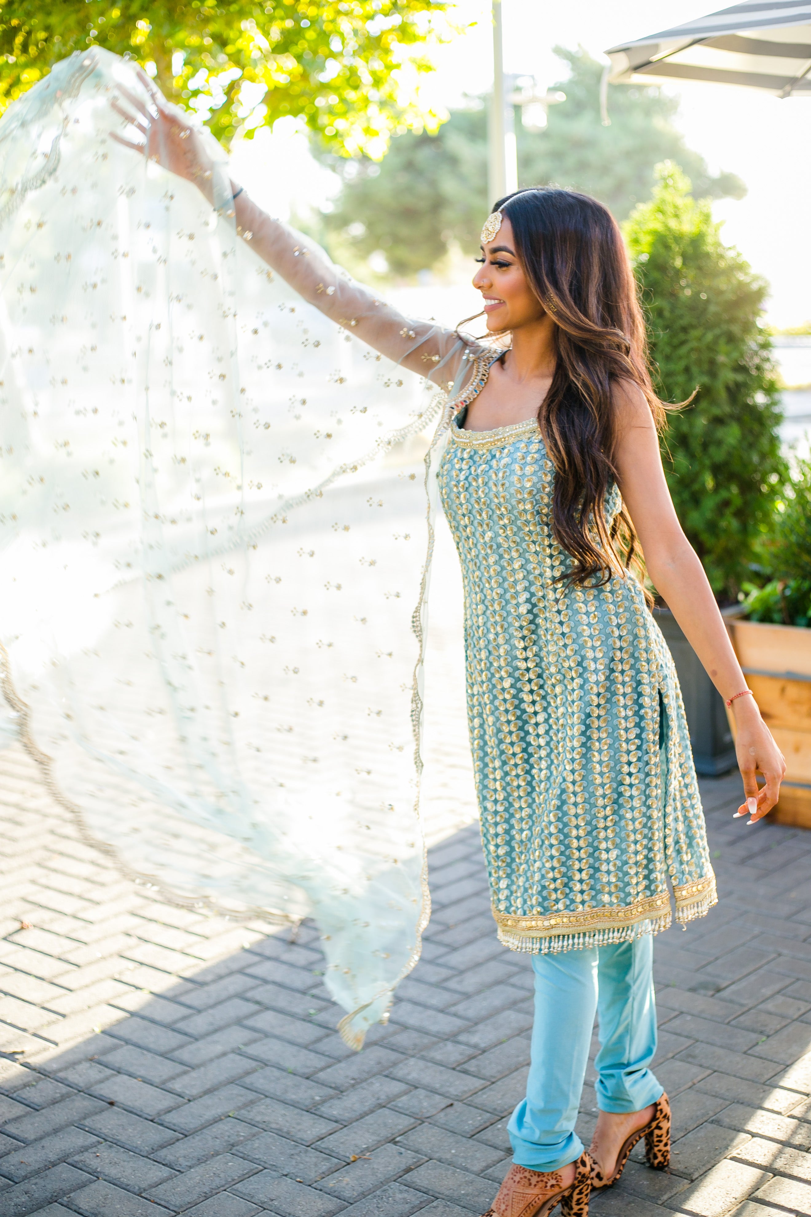 Sky Blue Spaghetti Strap Kurti in Zari Work with Churidar
