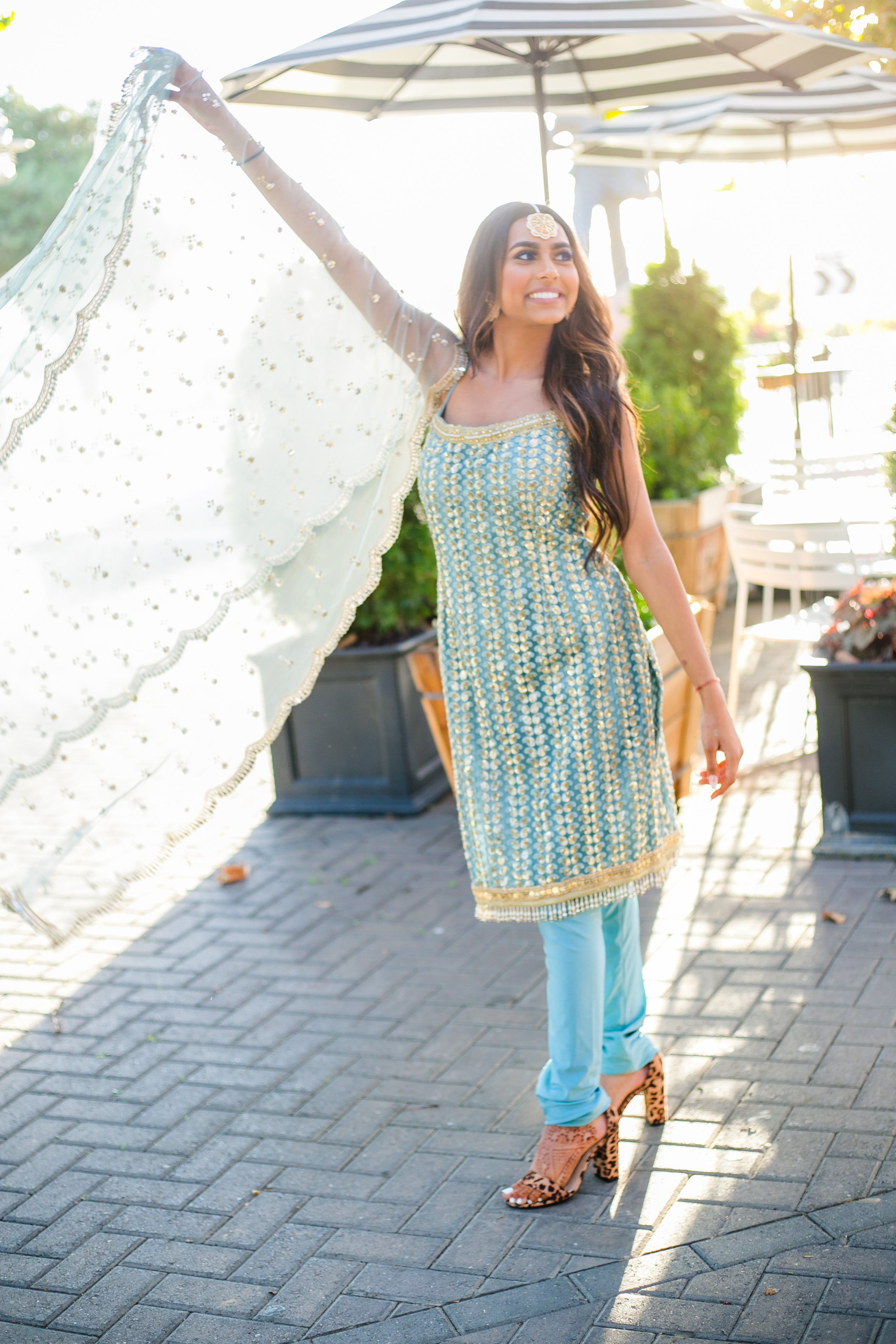 Sky Blue Spaghetti Strap Kurti in Zari Work with Churidar