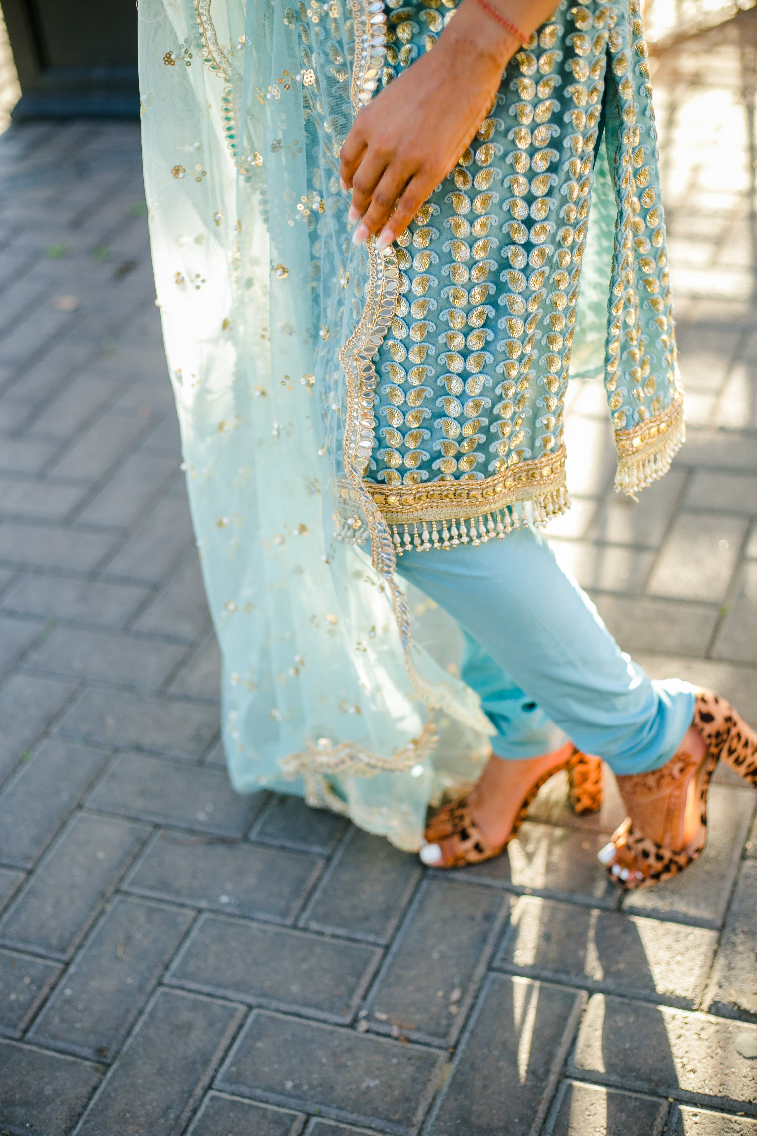 Sky Blue Spaghetti Strap Kurti in Zari Work with Churidar