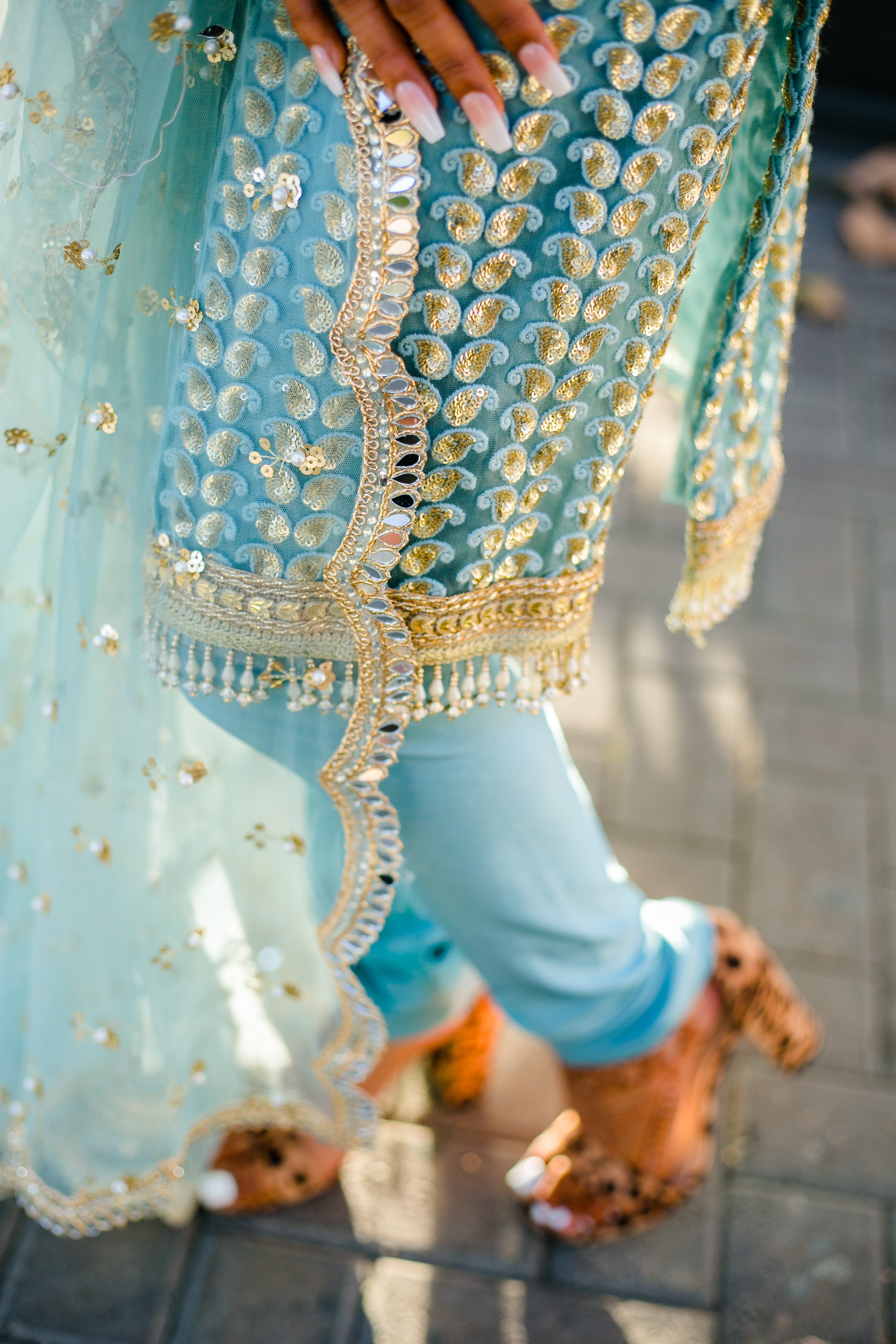 Sky Blue Spaghetti Strap Kurti in Zari Work with Churidar