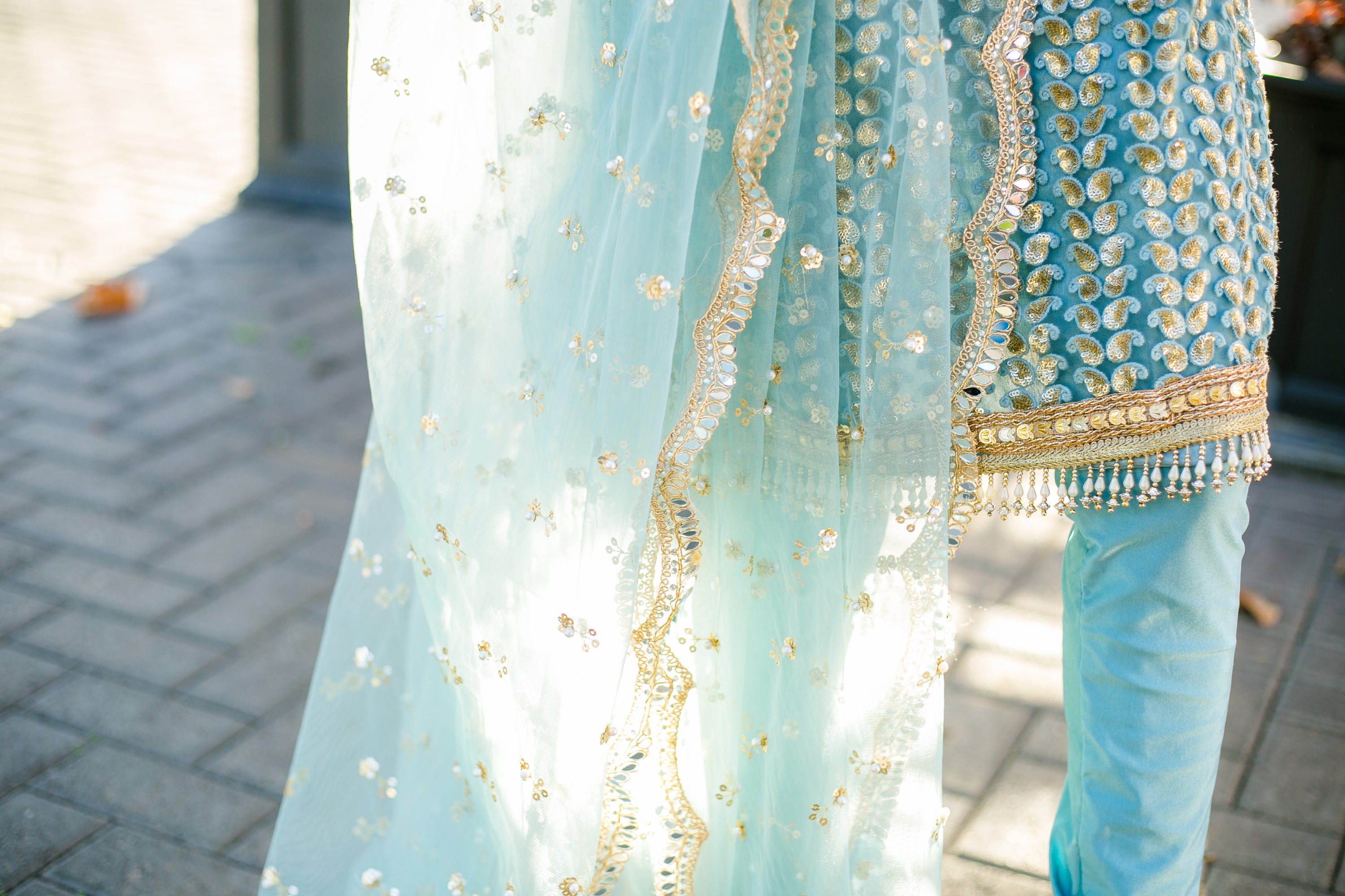 Sky Blue Spaghetti Strap Kurti in Zari Work with Churidar