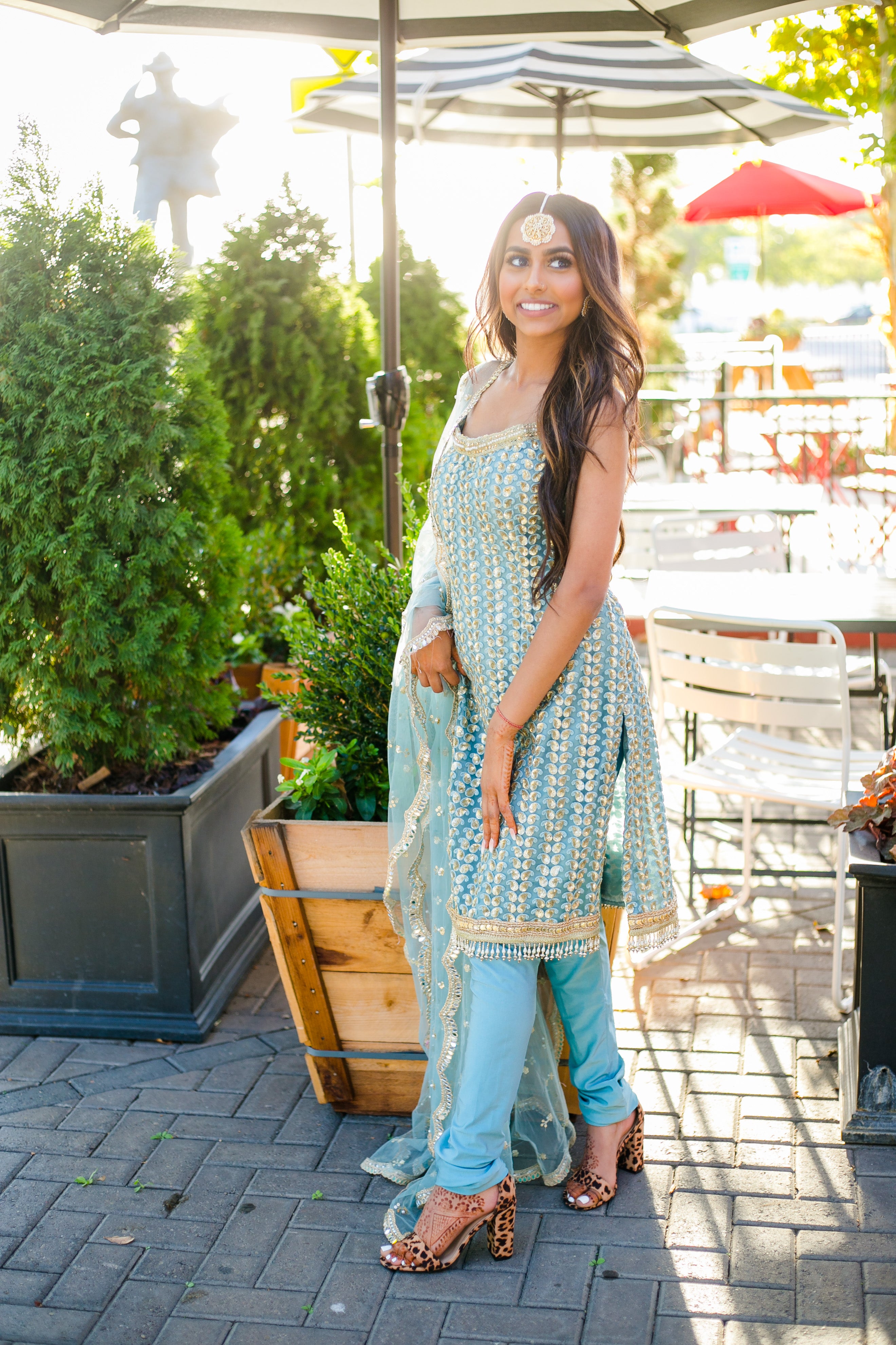 Sky Blue Spaghetti Strap Kurti in Zari Work with Churidar
