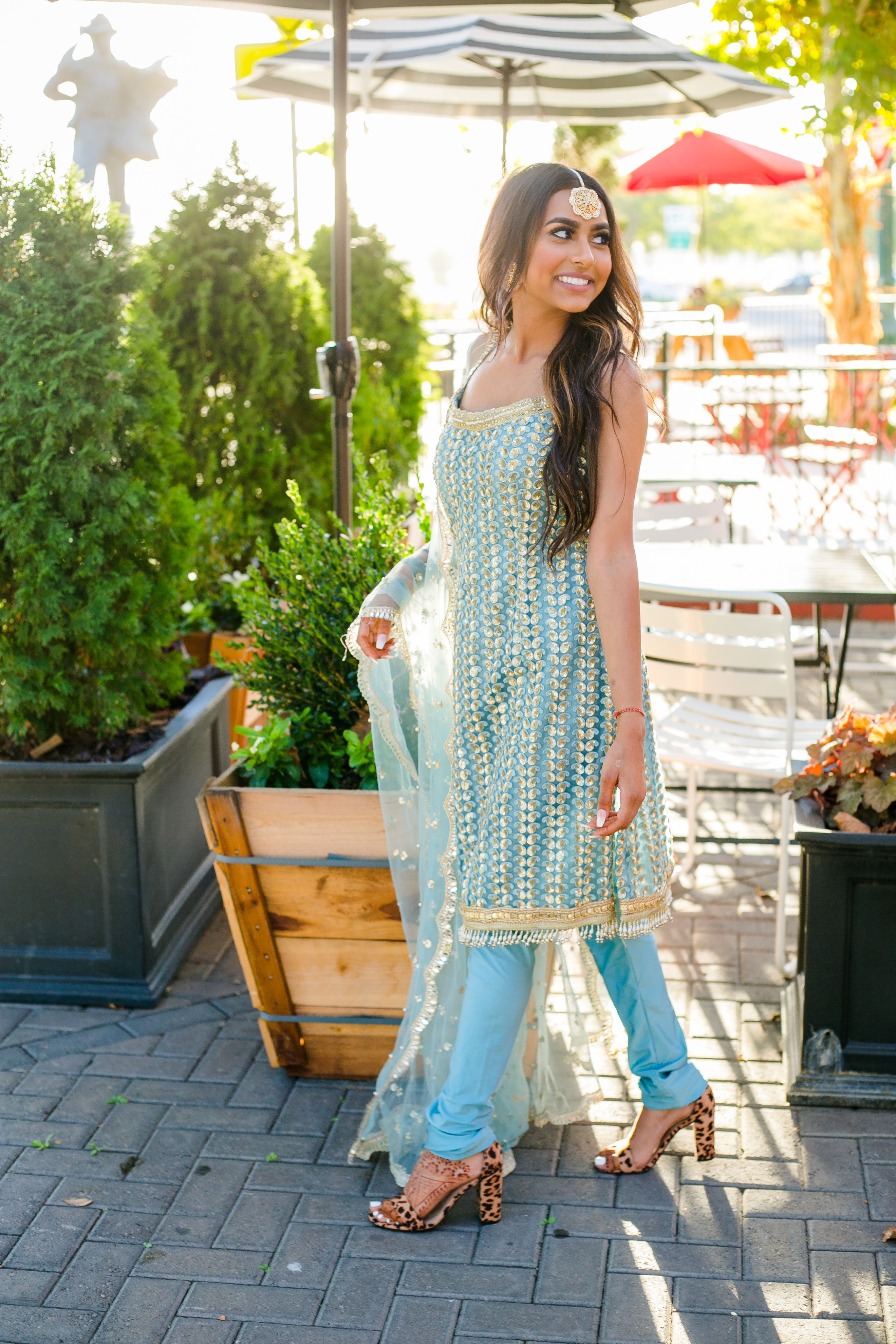 Sky Blue Spaghetti Strap Kurti in Zari Work with Churidar