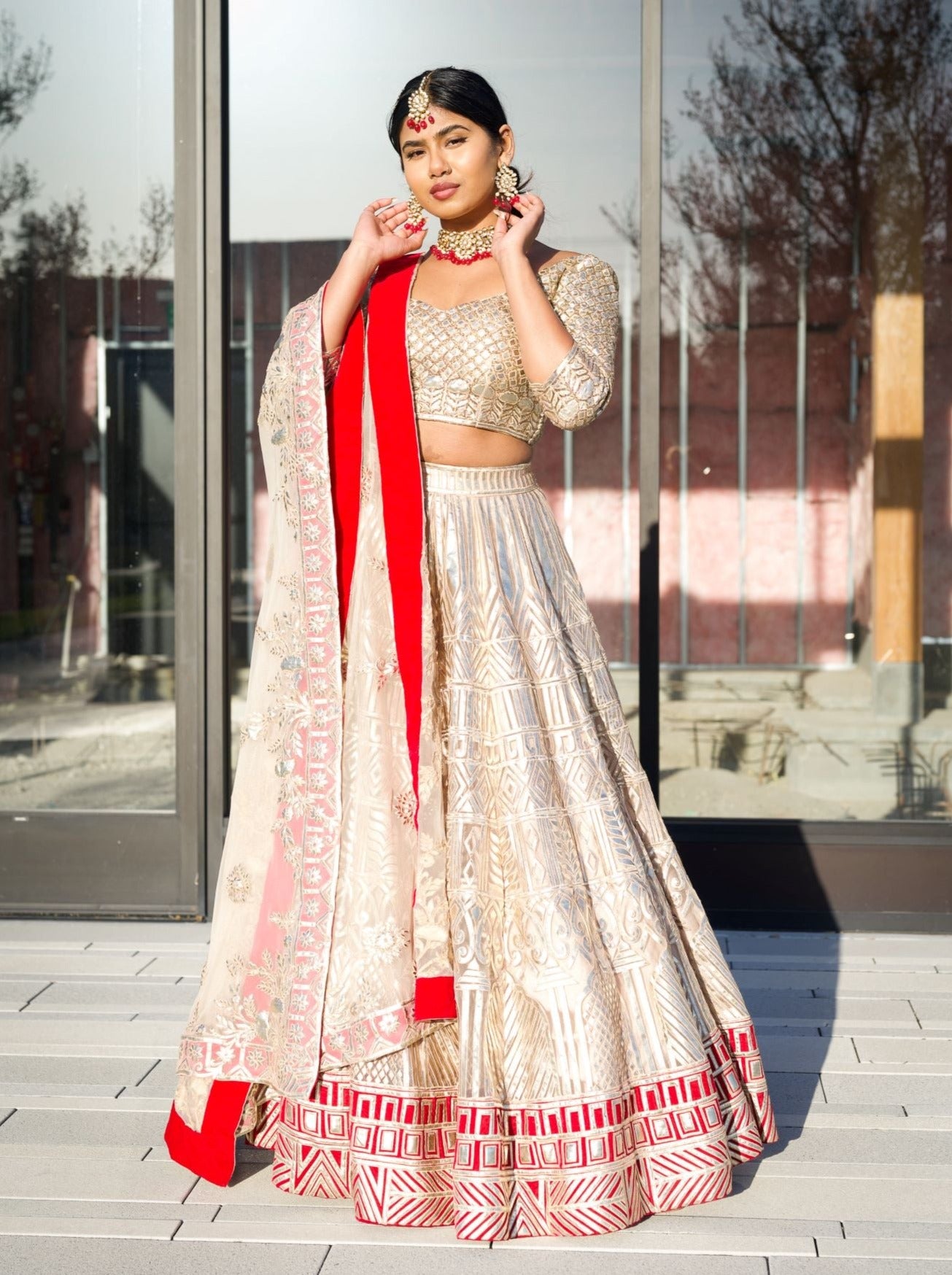 Indian Bridal Lehenga Choli: Off-White Lengha w/ Dabka
