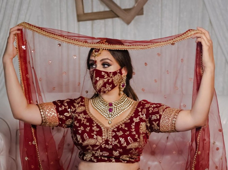 Velvet Embroidery Face Mask - Red - bAnuDesigns