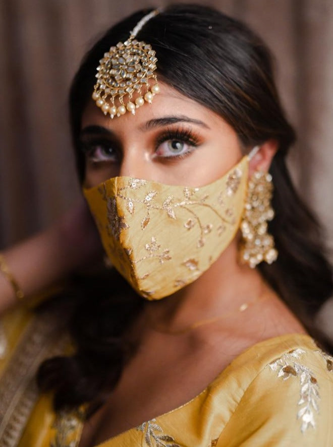 Bridal Silk Embroidery Face Mask - Yellow Gold - bAnuDesigns