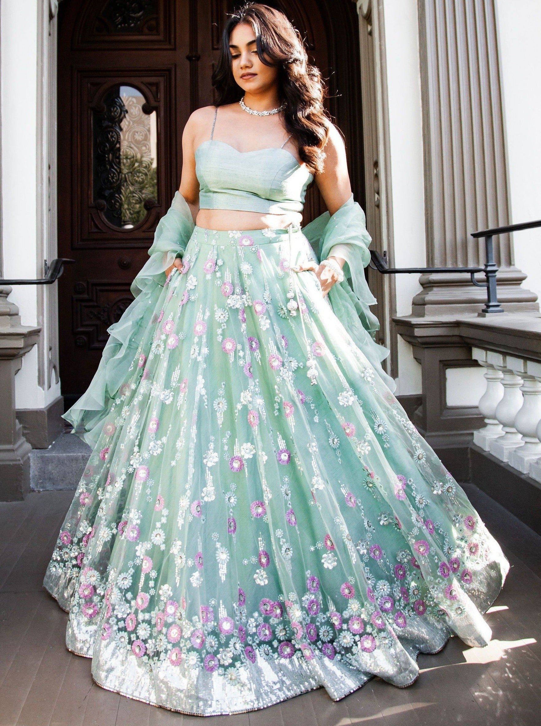 Mint Dupion Silk & Netted Lehenga: Bridal Reception Outfit – B Anu Designs