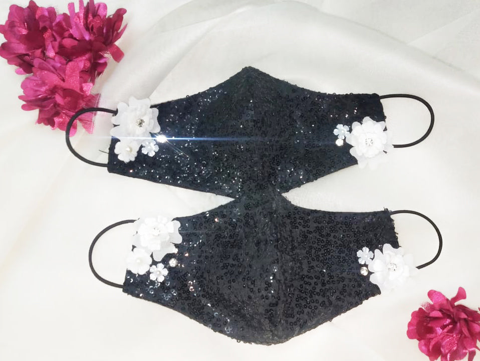 Sequin Face Mask w/White Applique Work - bAnuDesigns
