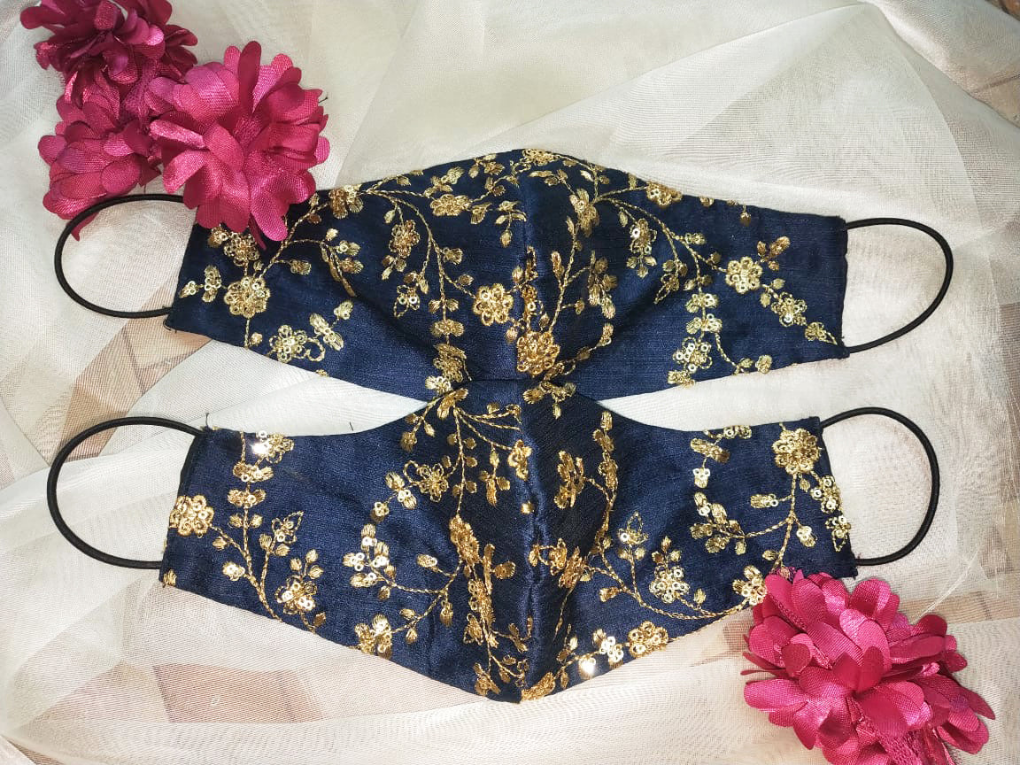 Bridal Silk Embroidery Face Mask - Royal Blue - bAnuDesigns