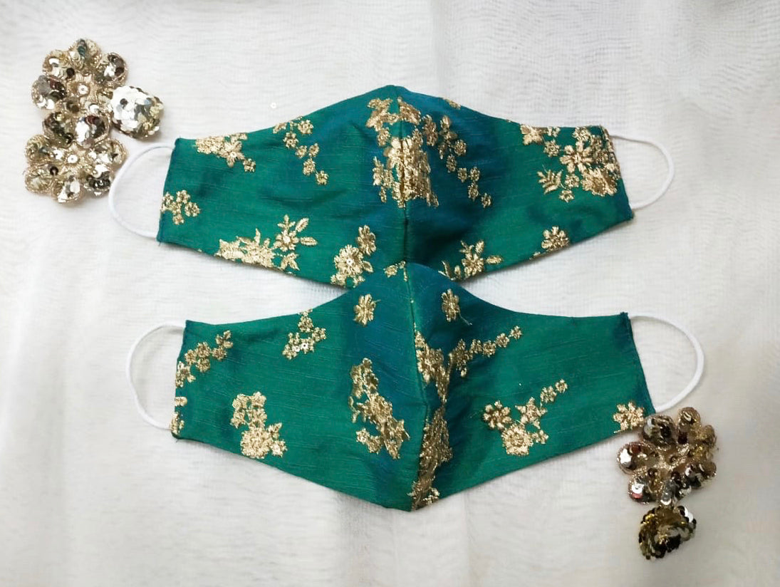 Bridal Silk Embroidery Face Mask - Green - bAnuDesigns