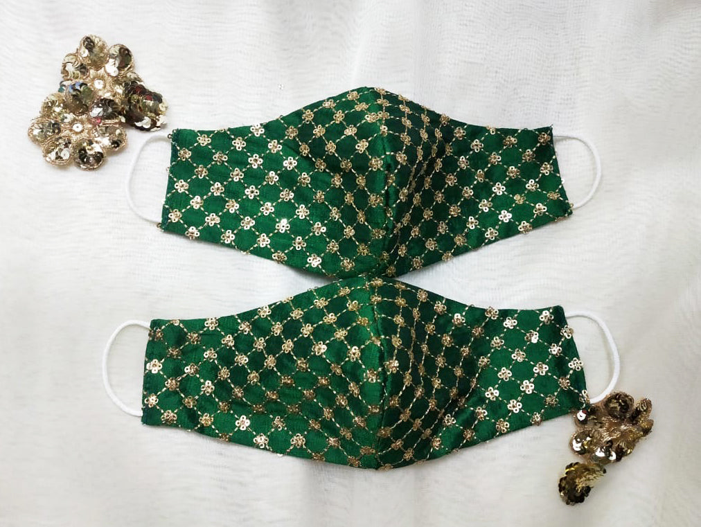 Jaal Silk Embroidery Face Mask - Green - bAnuDesigns