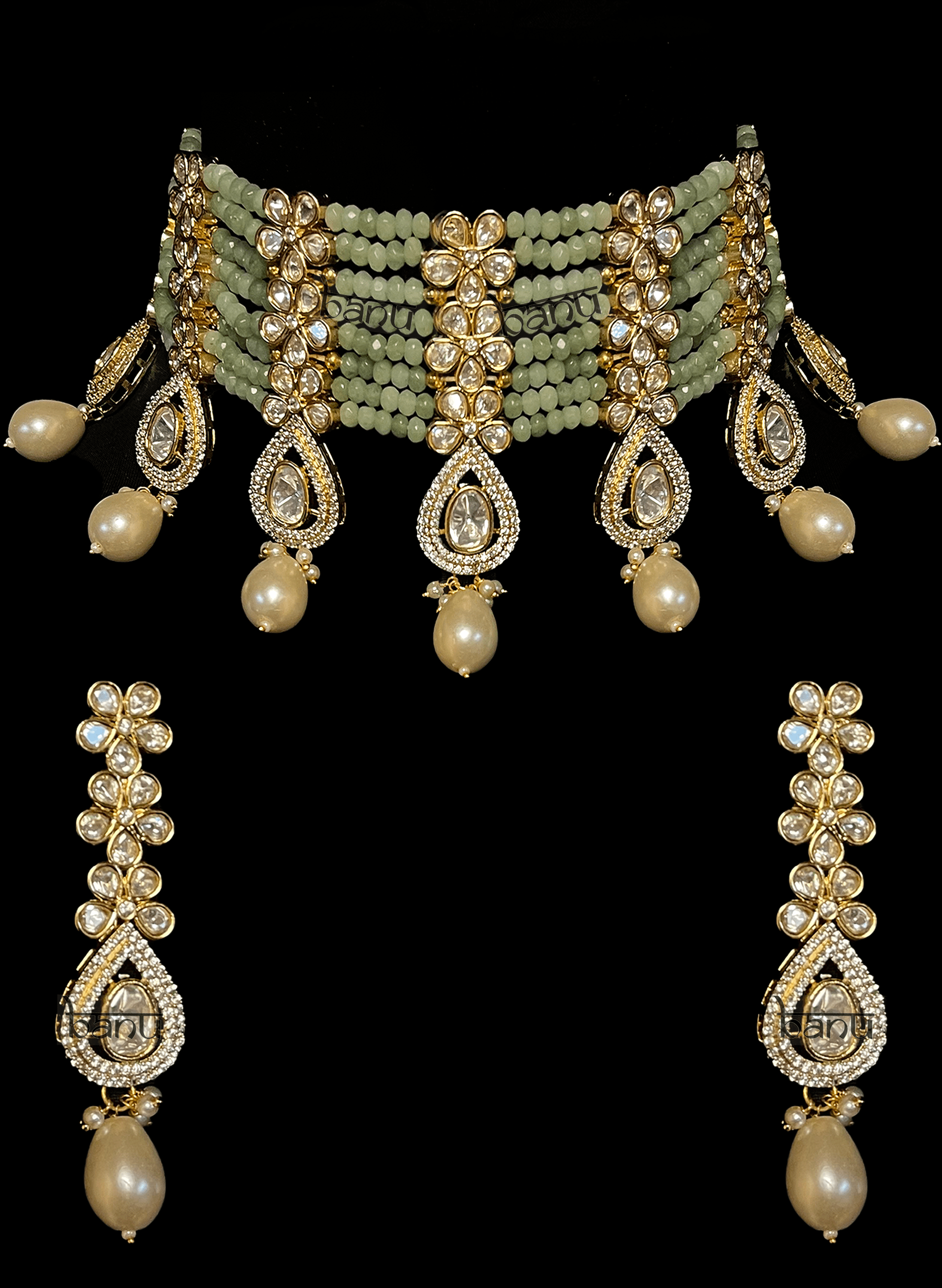 Harini - Modern Bridal Set w/ Pastel Green Stones, Kundan & Pearls