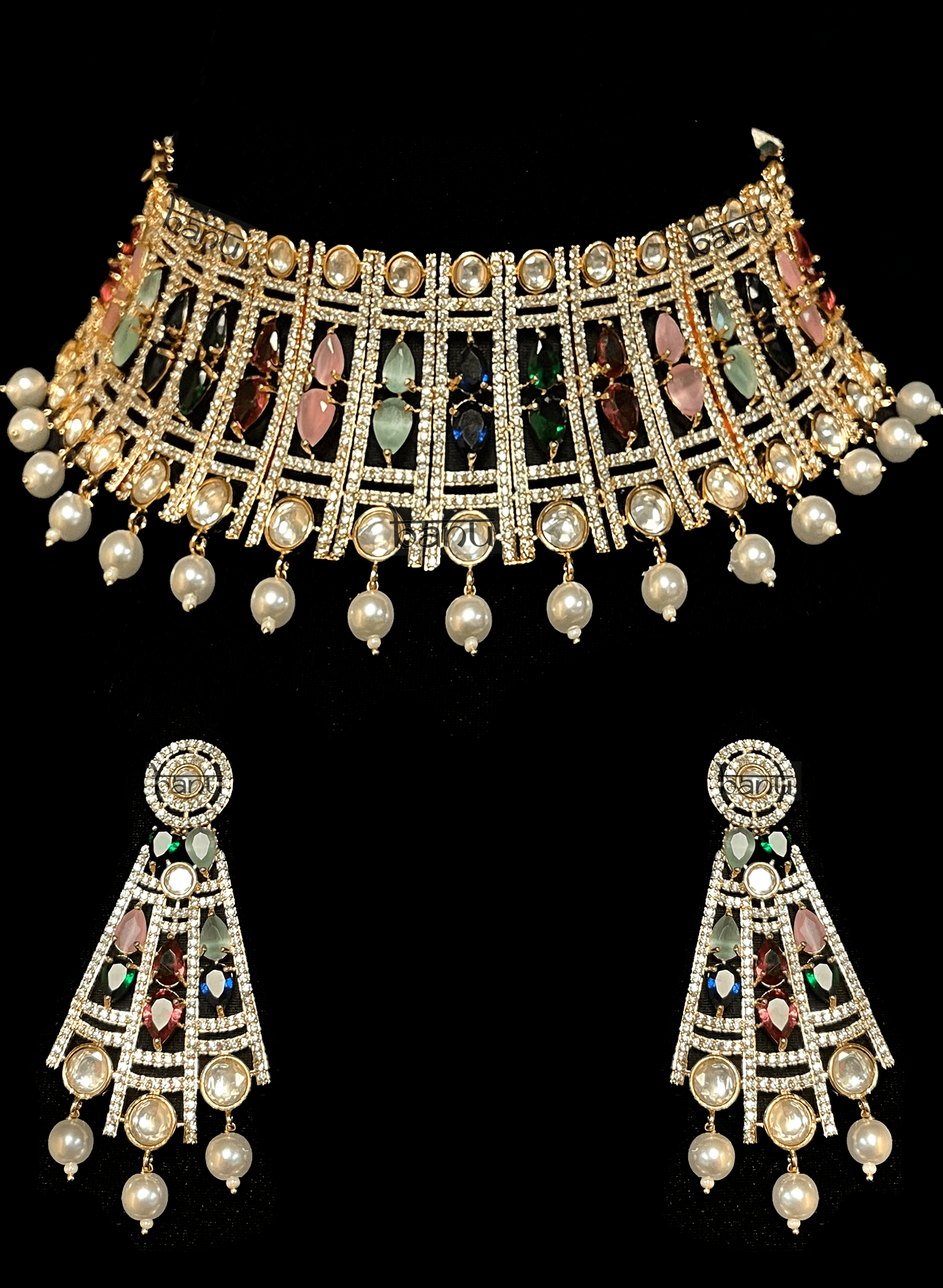 Fiza - Modern Multicolor Navratan Bridal Set w/ Kundan & Pearl Drops