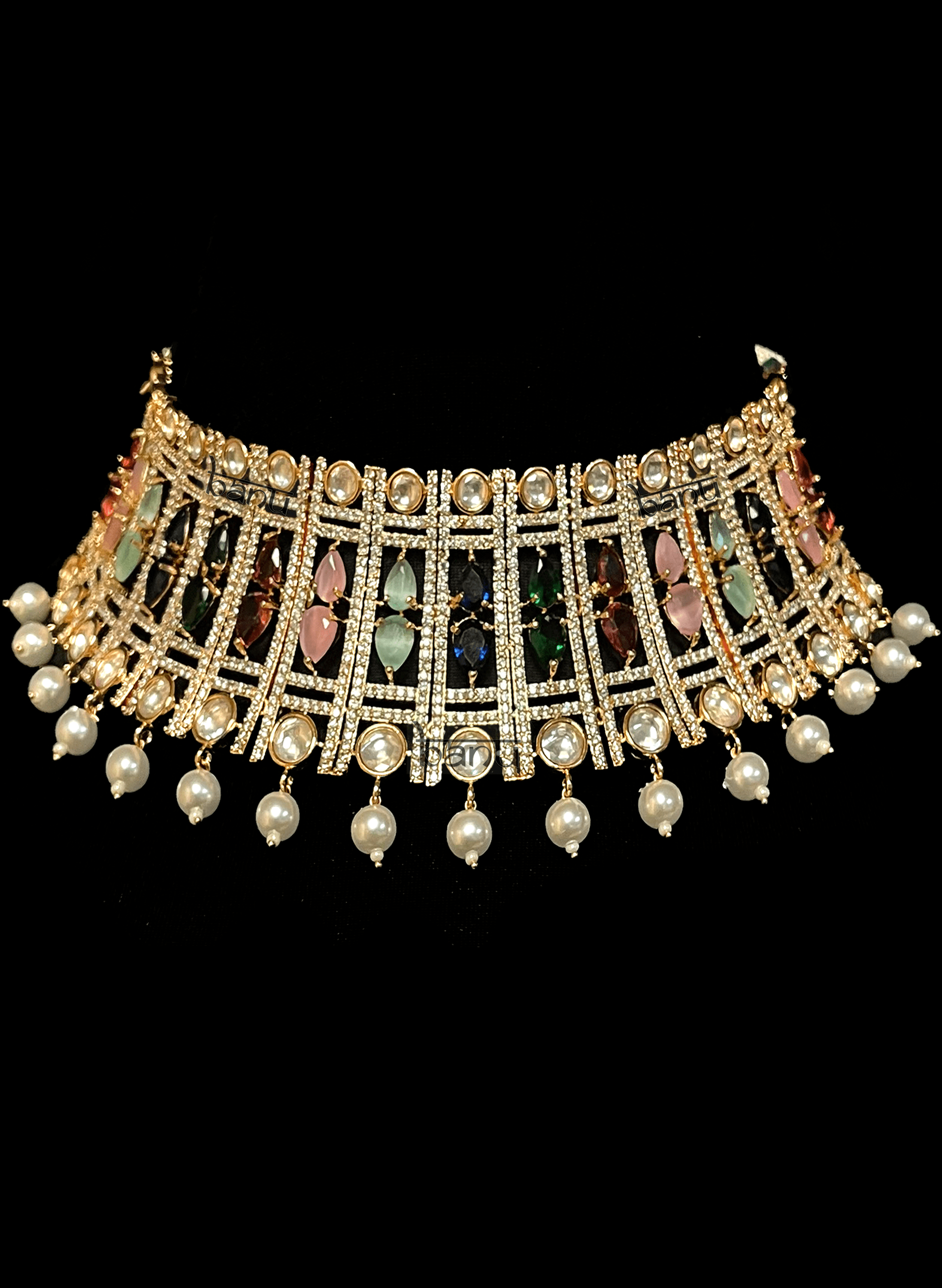 Fiza - Modern Multicolor Navratan Bridal Set w/ Kundan & Pearl Drops
