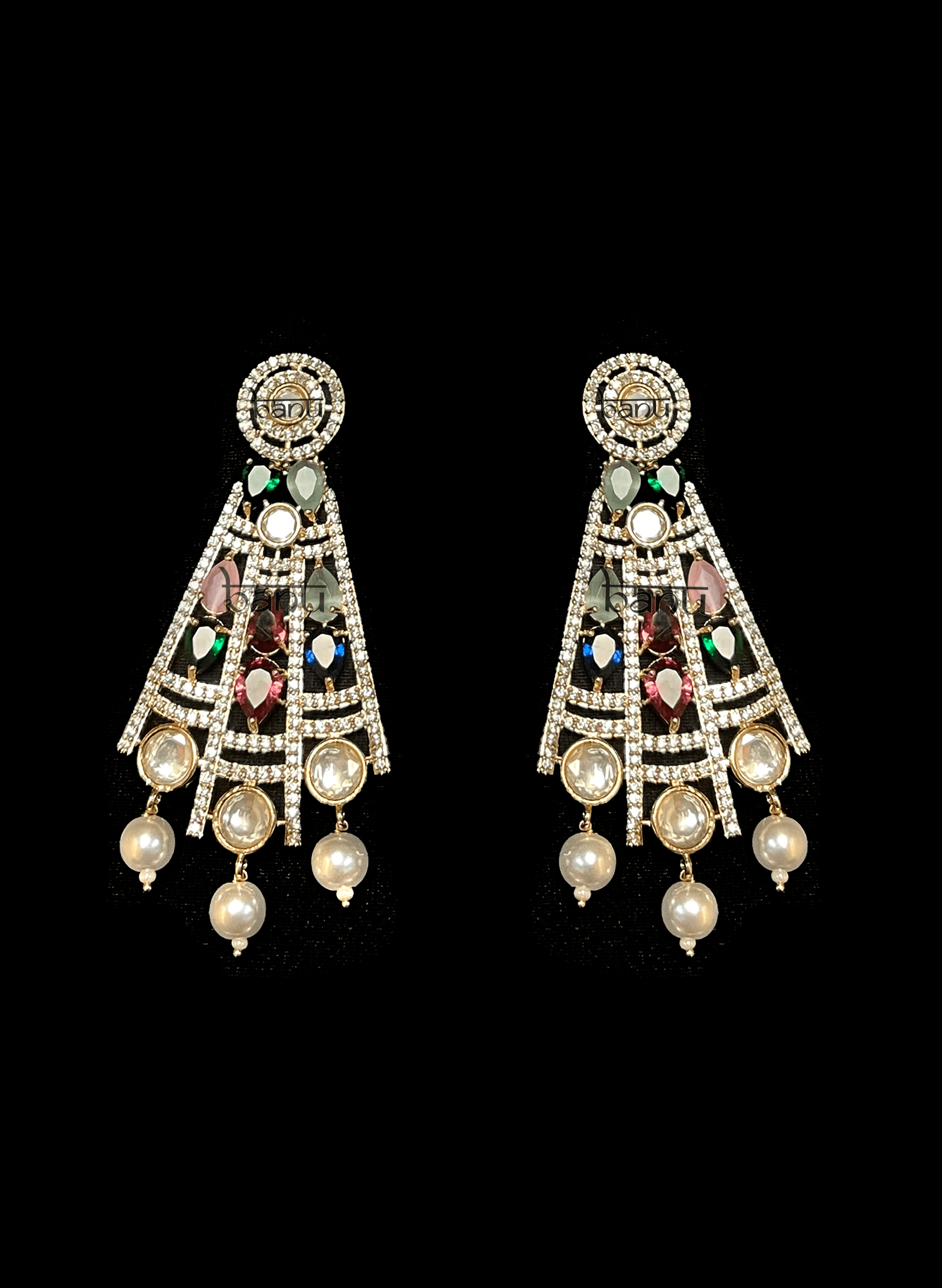 Fiza - Modern Multicolor Navratan Bridal Set w/ Kundan & Pearl Drops