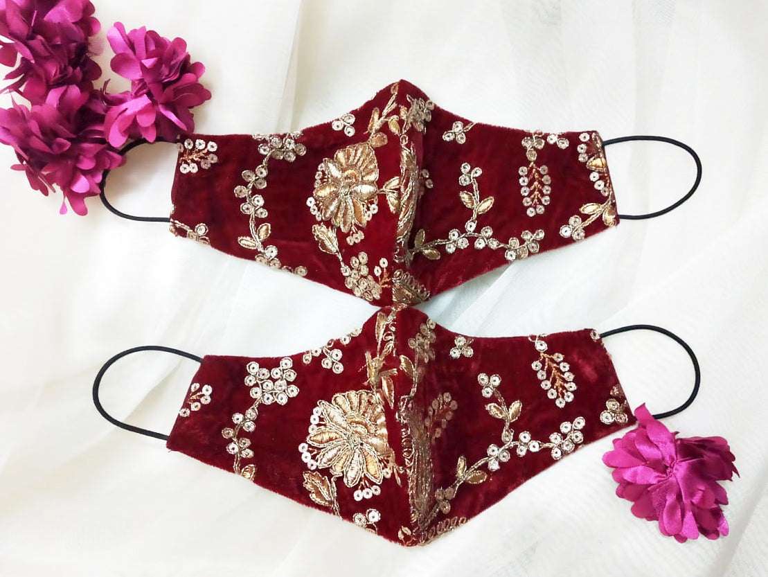 Velvet Embroidery Face Mask - Red - bAnuDesigns