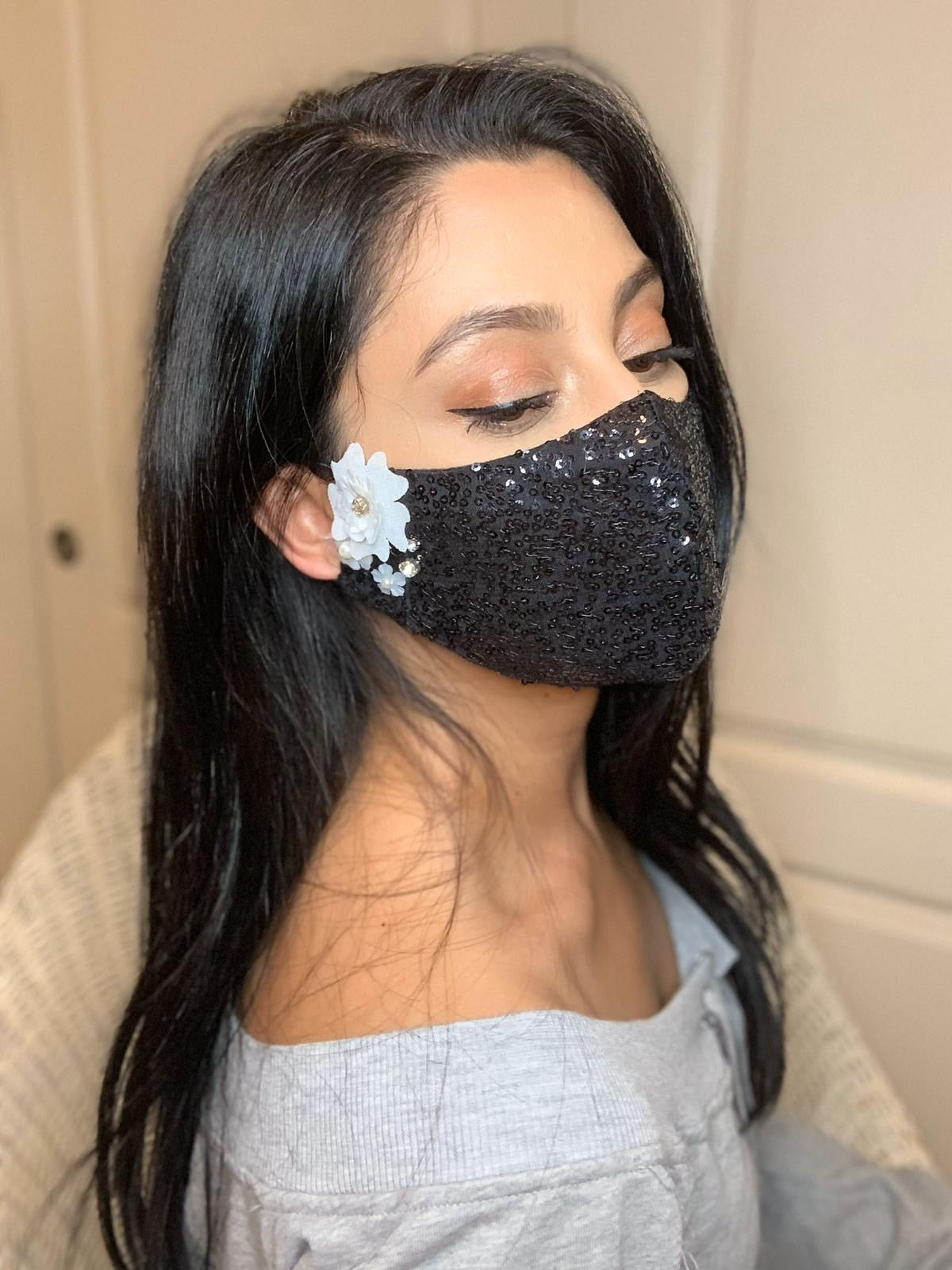 Sequin Face Mask w/White Applique Work - bAnuDesigns