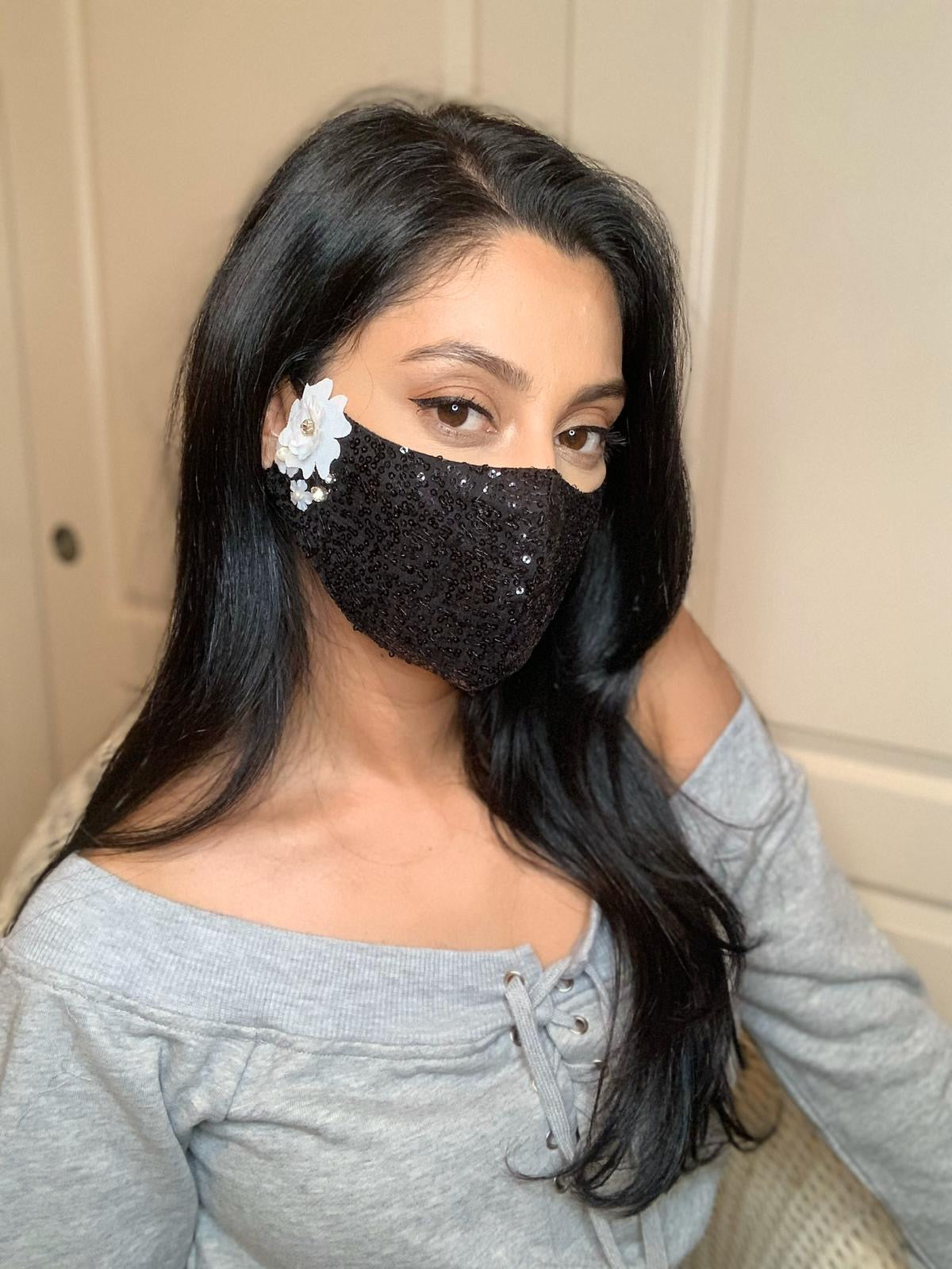 Sequin Face Mask w/White Applique Work - bAnuDesigns